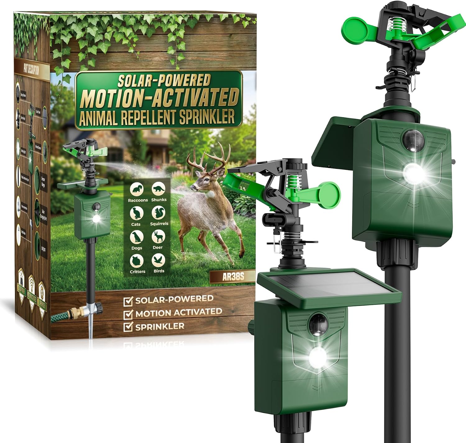 2 Packs Motion Activated Animal Repeller with Water Sprinkler, Deer Repellent Devices Solar Powered, IP65 Waterproof Deer Repellent with Flashing Light, Deter Cats Dogs Skunks Raccoons from Garden