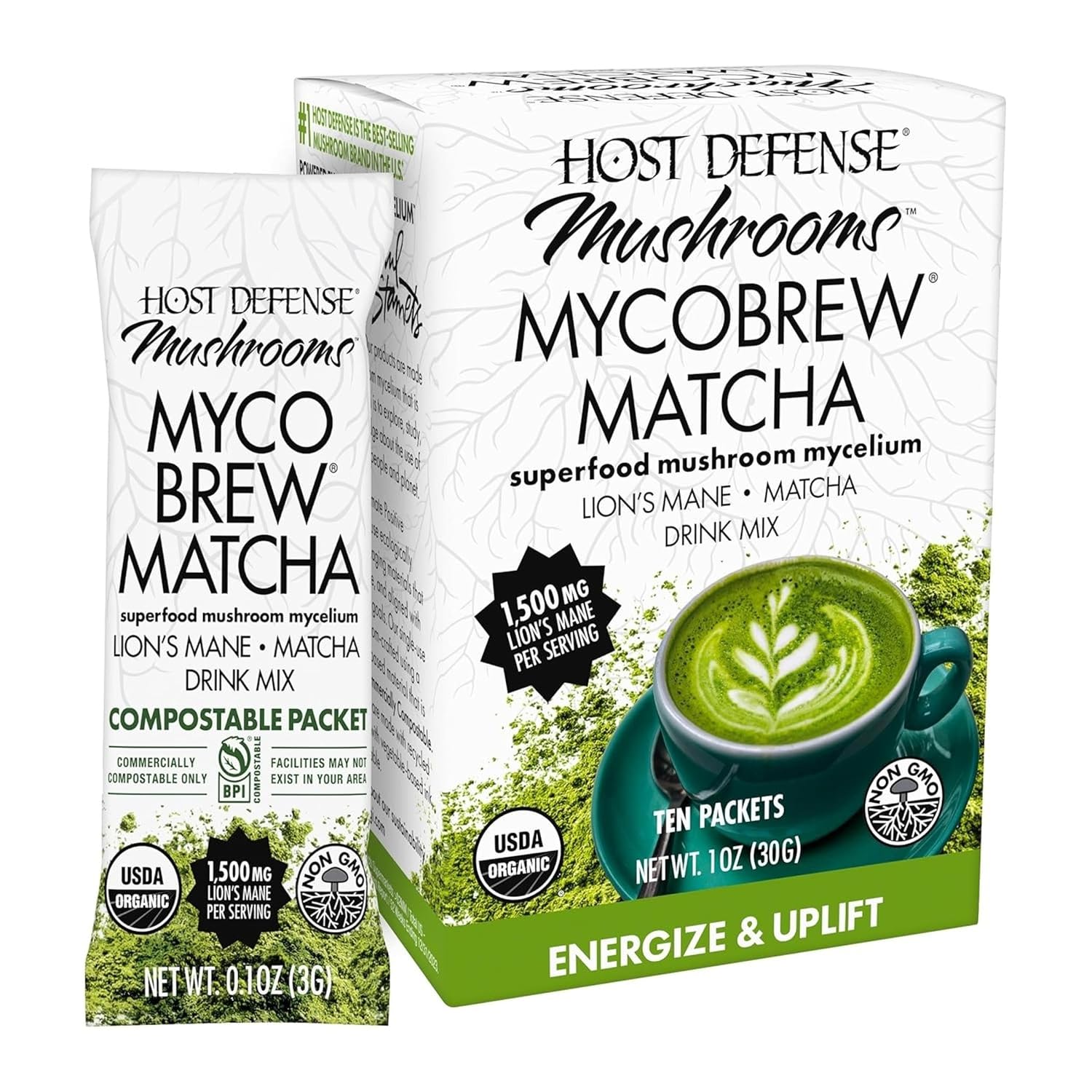 Host Defense MycoBrew Matcha, Lion's Mane Instant Coffee, 10 Packets | Organic Matcha Green Tea that with Lion's Mane Mushroom Powder, 10 Servings