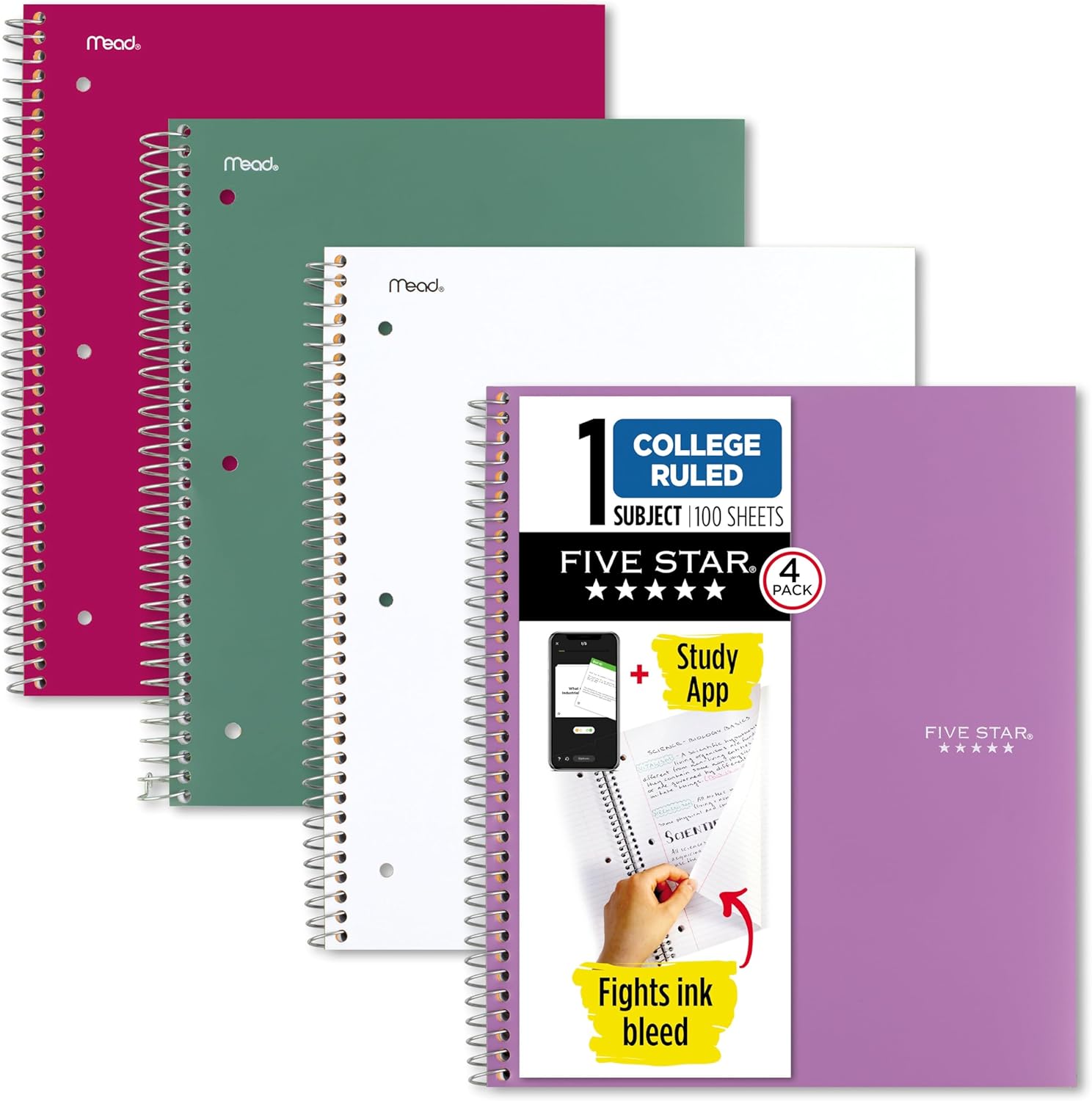 Five Star Spiral Notebook + Study App, 4 Pack, 1 Subject, College Ruled Paper, 8-1/2" x 11", 100 Sheets, Fights Ink Bleed, Water Resistant Cover, Amethyst Purple, Raspberry Pink, White and Seaglass Green (820337-ECM)