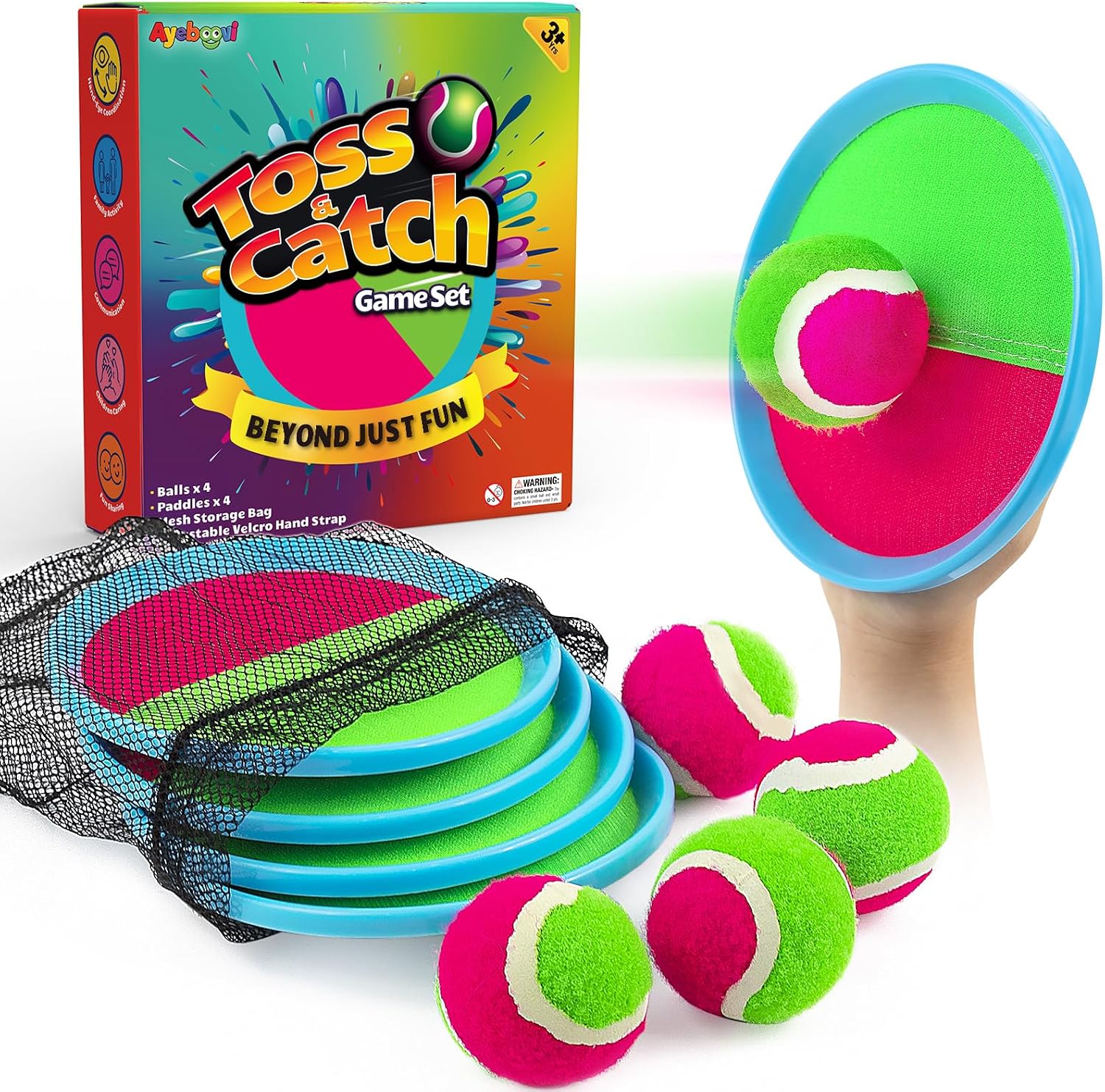 Ayeboovi Toss and Catch Ball Set Beach Toys Pool Toys Outdoor Games Outdoor Toys Yard Games Easter Toys Gifts for Kids Ball and Catch Game with 4 Paddles and 4 Balls [Upgraded Version]