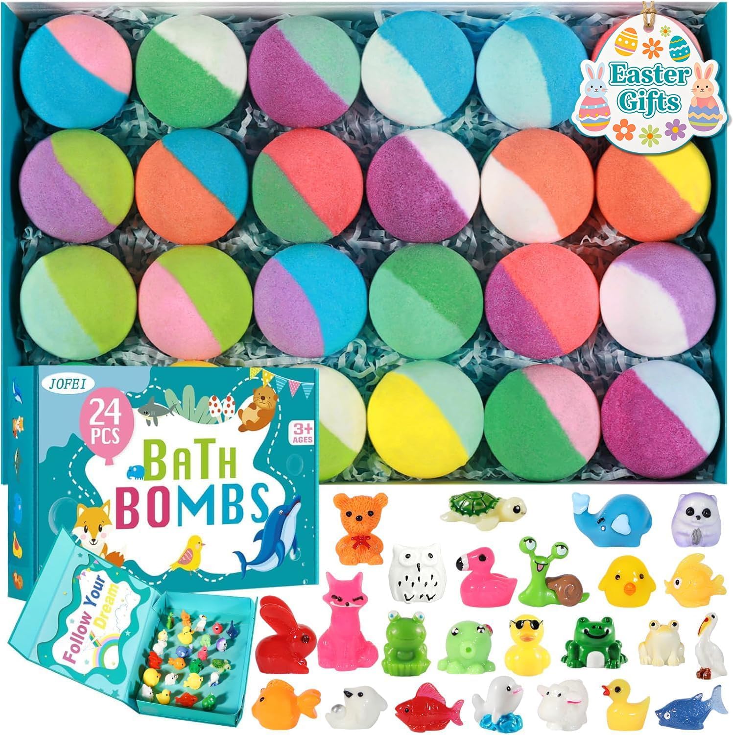 Bath Bombs for Kids with Surprise Inside, 24 Pack Kid Bath Bombs Gift Set, Easter Basket Stuffers Easter Gifts for Kids Bubble Fizzy for Girls Boys with Toys Inside