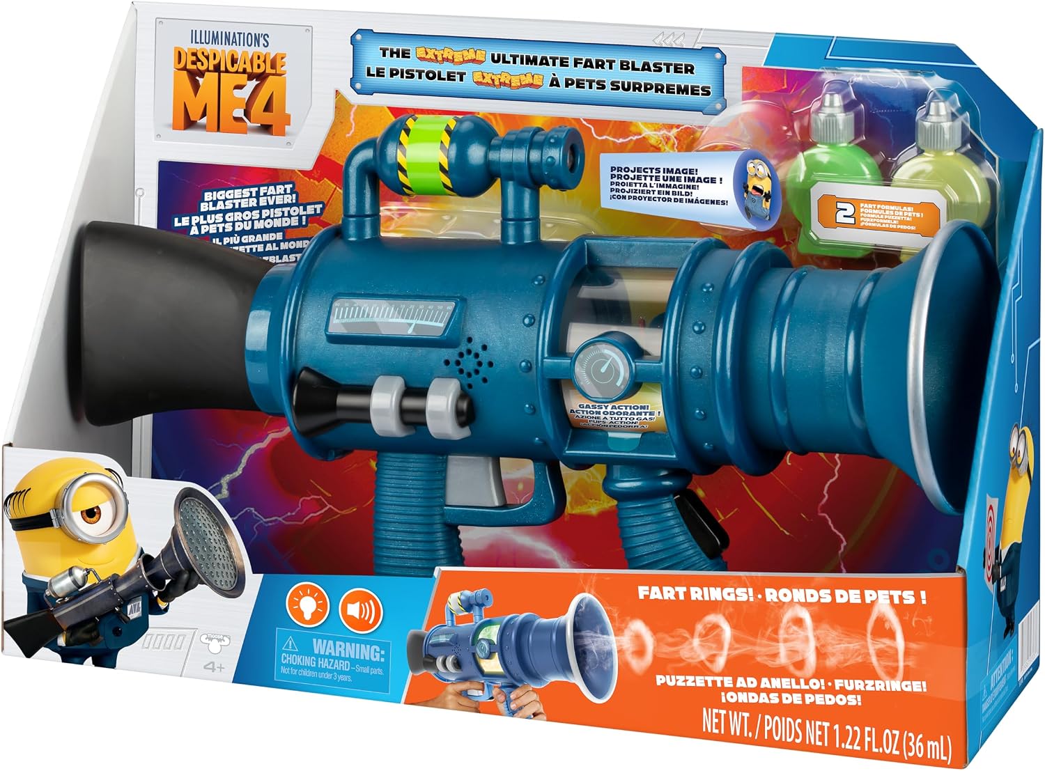 Despicable Me 4 Minions Extreme Ultimate Fart Blaster; REAL Fart Rings of Scented fog; 15 Different Fart Sounds Light Up Colour Change, 2 Different Scented Fart Formulas and Projector, Exclusive