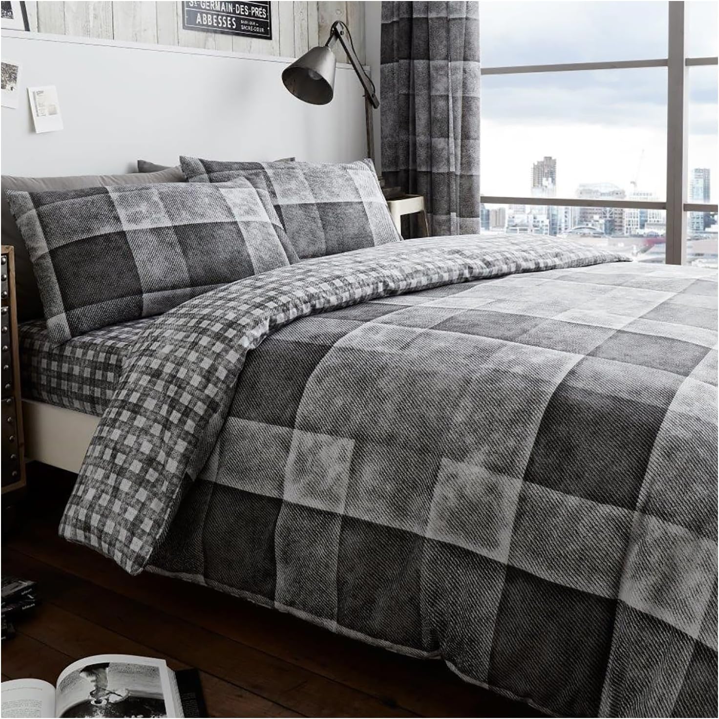 GC GAVENO CAVAILIA Checked Bedding Double Bed Set - Hypoallergenic Reversible Duvet Cover With Pillowcases - Comforter Cover Duvet Sets (200x200 cm) - Grey