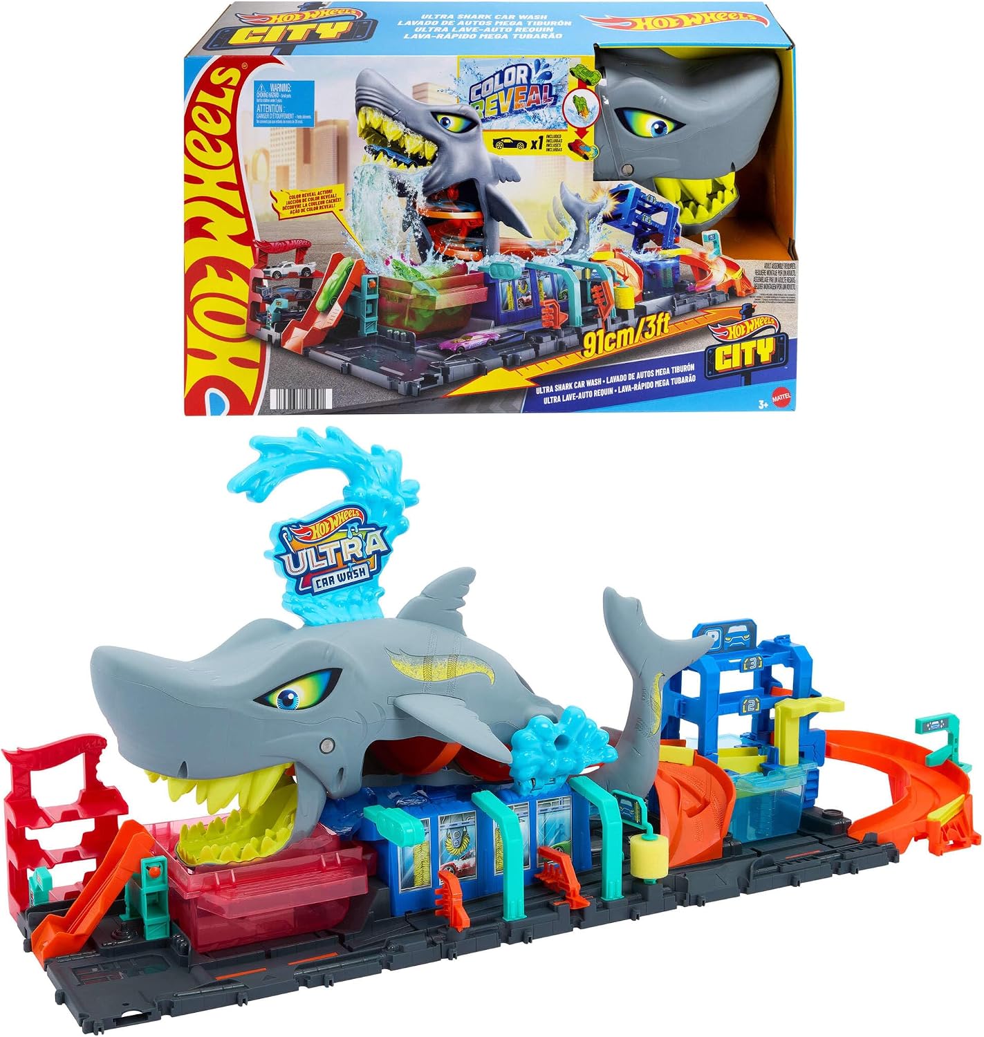 Hot Wheels City Ultra Shark Car Wash & Color Reveal Toy Vehicle