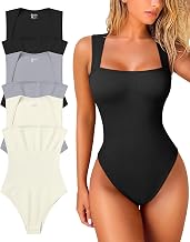 OQQ Women's 3 Piece Bodysuits Sexy Ribbed Strappy Square Neck Sleeveless Tummy Control Tank Tops Bodysuits