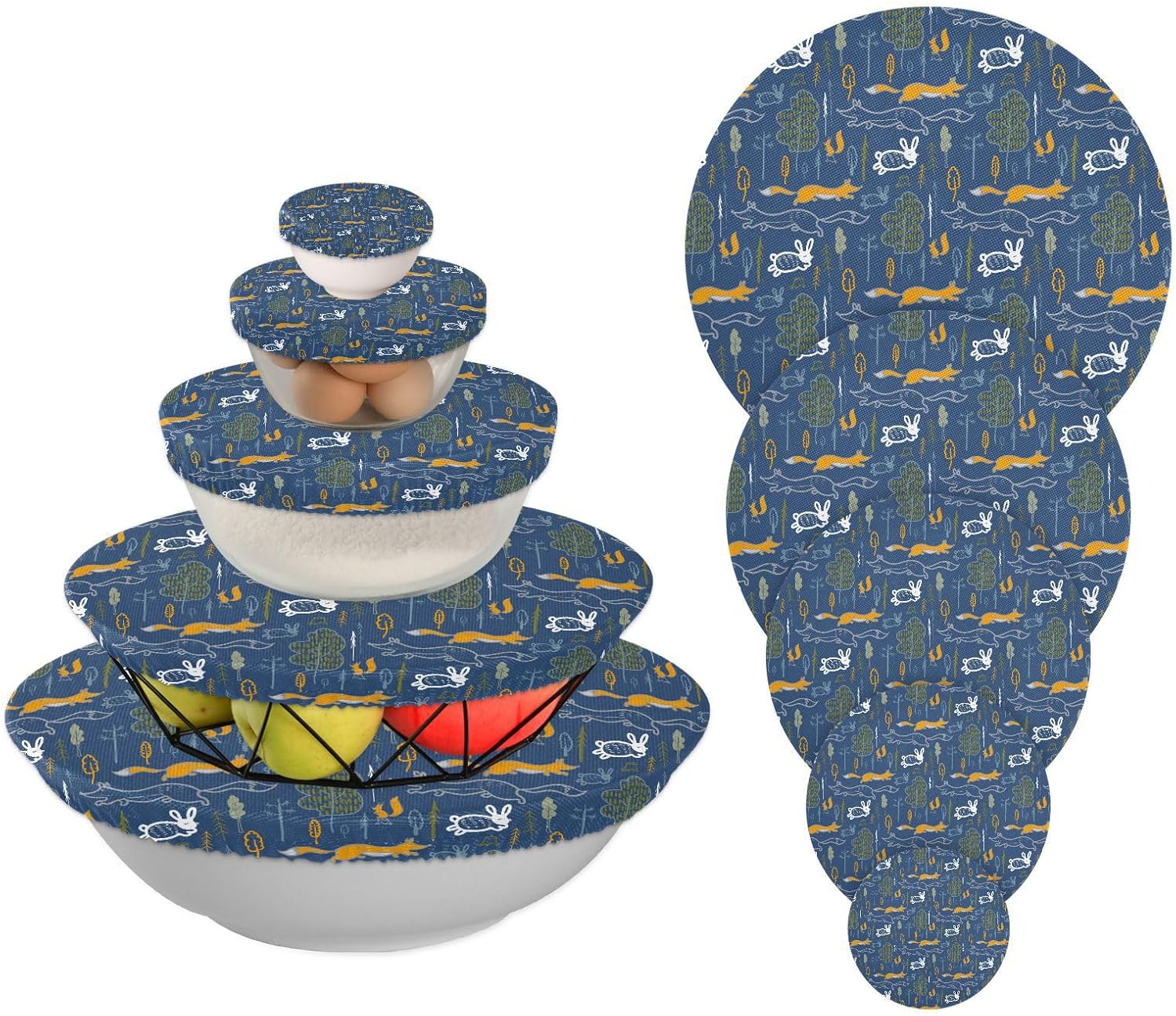 Blue Forests Animal 5 Piecing Reusable Bowl Covers Elastic Food Storage Cover Stretch Fabric for Kitchen Picnic Dough Bowl