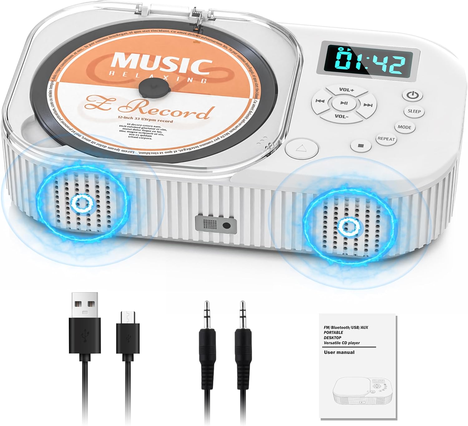 2000mAh CD Player Portable with Bluetooth, CD Boombox Portable for Home/Car with Remote Control, Dual Speaker,Rechargeable CD Player with FM Radio, Anti Skip,Support AUX/USB, Headphone Jack