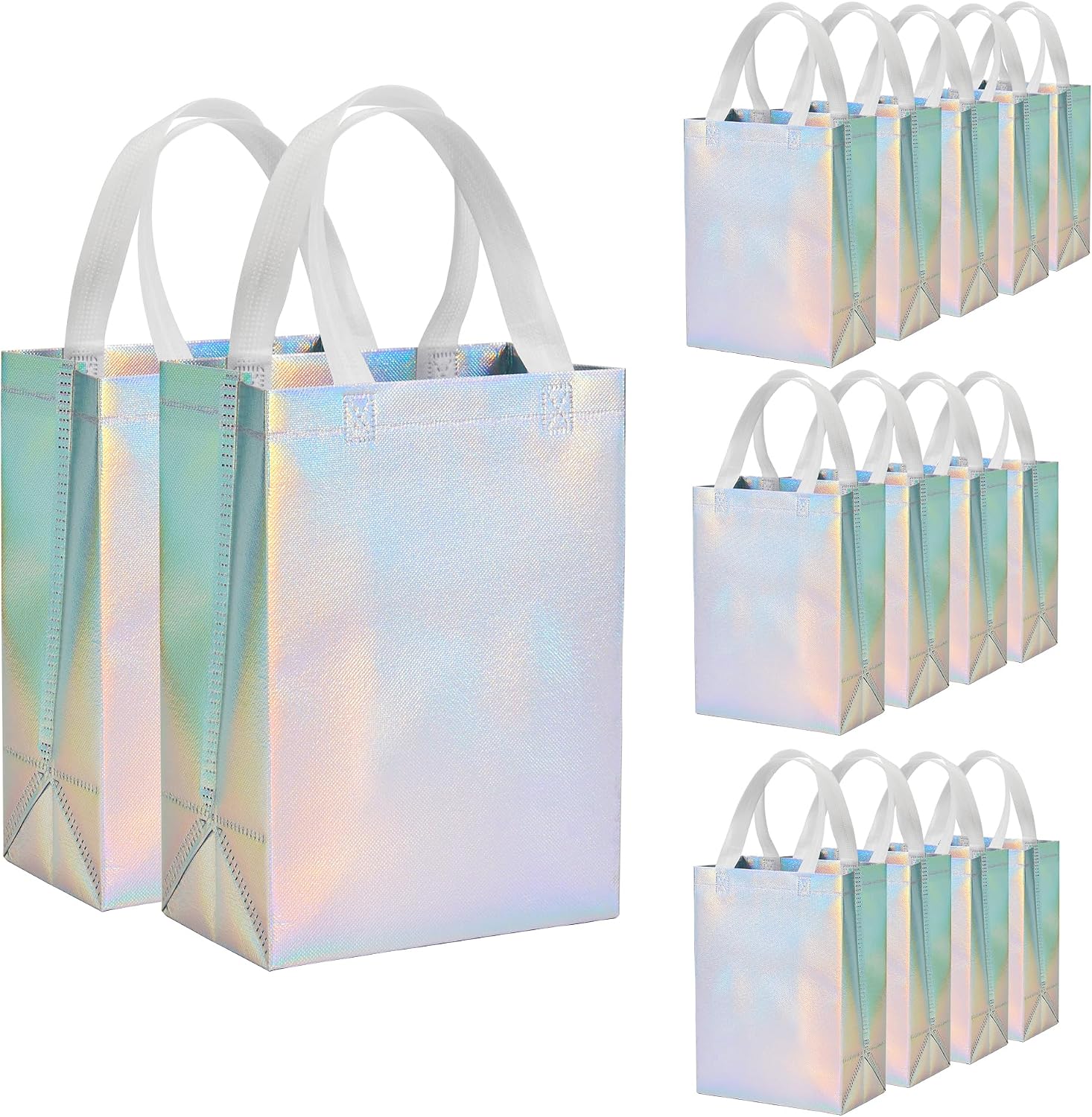 METAPRINT 15 Pack Silver Iridescent Gift Bags with Handles, 8x4x10 Inch
