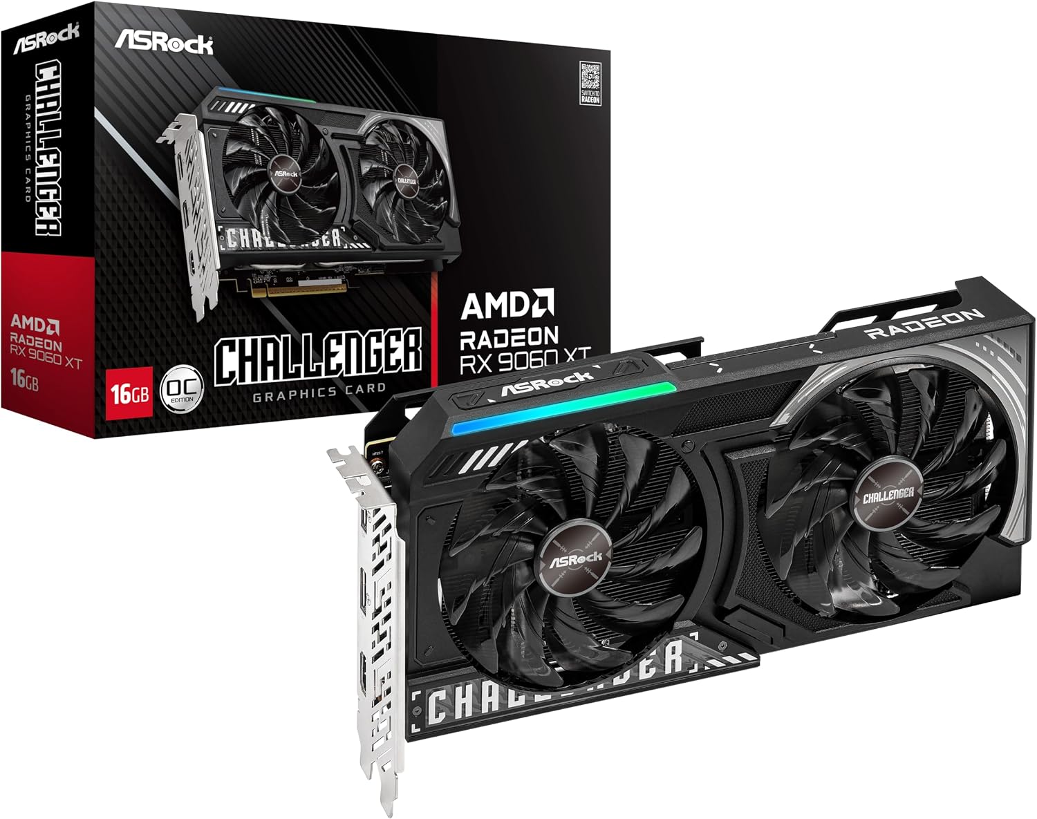 ASRock Radeon RX 9060 XT Challenger 16GB OC, RDNA 4, 3290MHz Boost, 16GB GDDR6 128-bit, PCIe 5.0, Dual Fans, 0dB Silent, LED Indicator, DisplayPort 2.1a, HDMI 2.1b