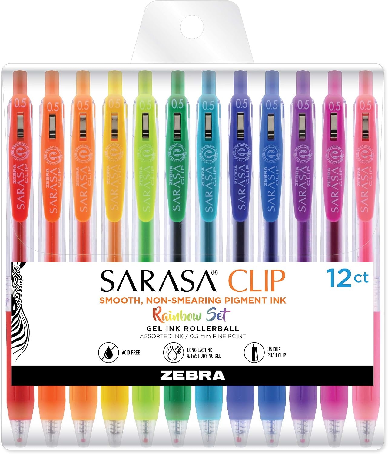 Zebra Pen Sarasa Clip Retractable Gel Pen, 0.5mm Fine Point, Rainbow Assorted Vibrant Ink Colors, Water Based, Ideal for Office and School, Journal, Note Taking and Planner Use, 12-Pack (44100)