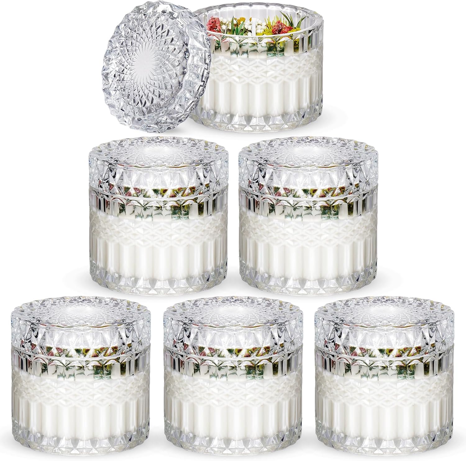 NiHome 8oz Glass Candle Jar with Lid 6 Pack Multi-Function Storage Unique Embossed Design for Home Decor, Special Occasions