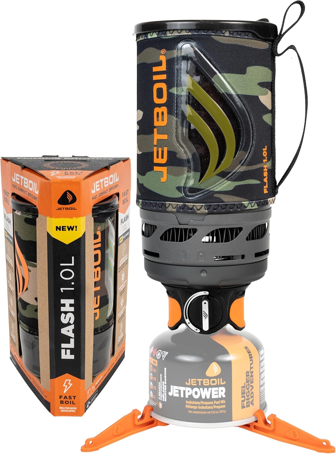 Jetboil Flash 1.0L Portable Fast Boil Stove for Camping and Backpacking with 1-Step Auto Ignition, New for 2025, Propane/Isobutane Burner with Cooking Cup, Dark Camo