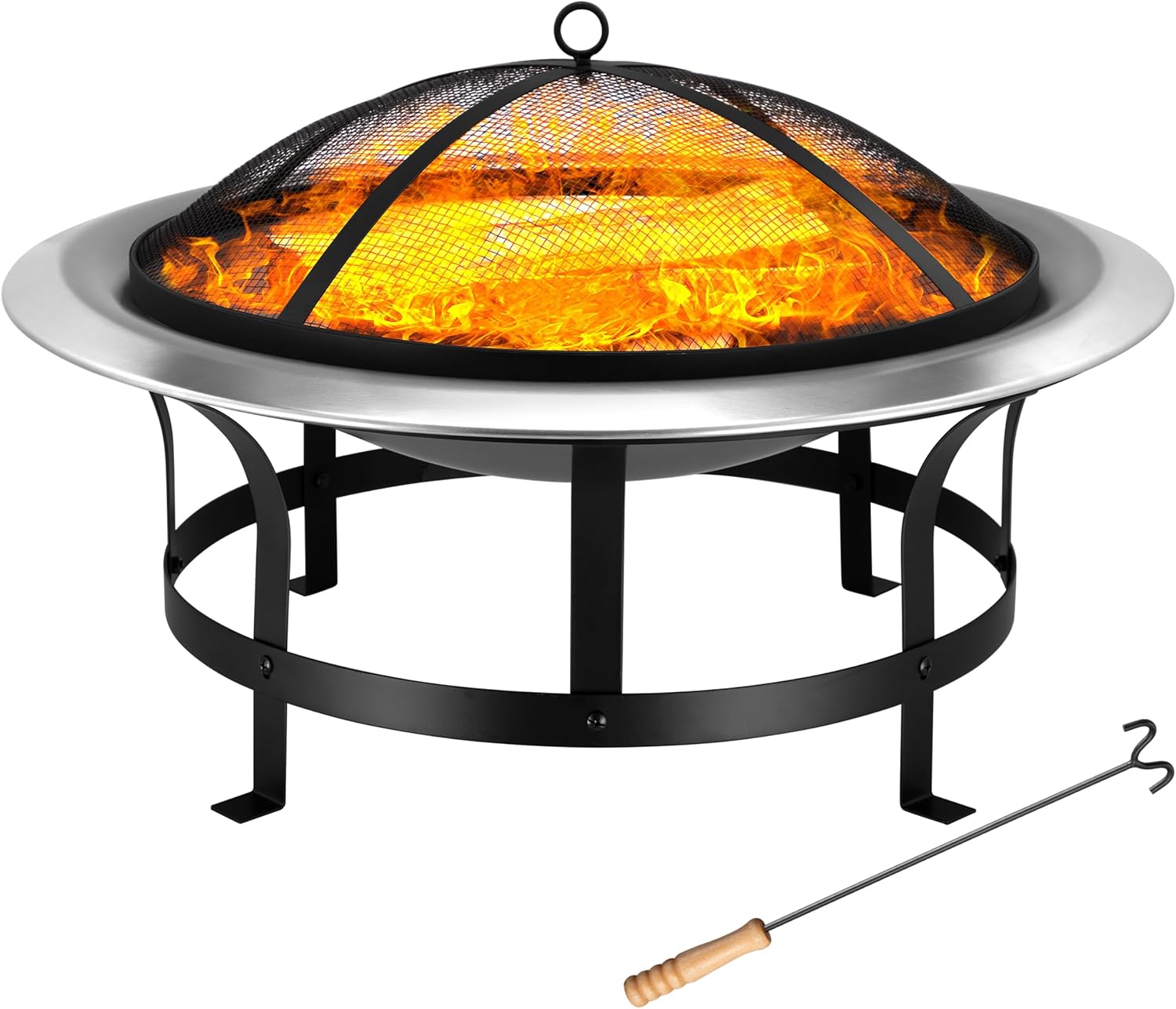 GARDEBRUK® Fire Pit for Garden & Patio | 75cm Diameter | Spark Guard & Poker Included | Powder-Coated Stainless Steel Bowl | For Wood, Coal & Charcoal