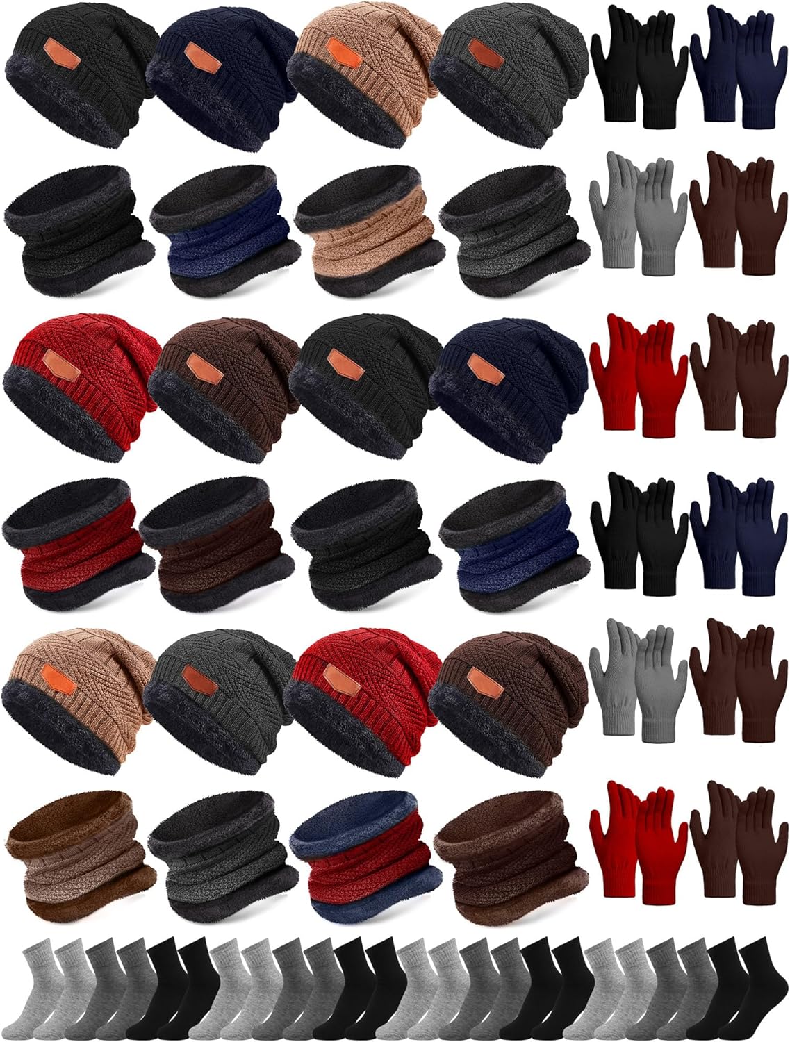 Toulite 48 Pcs Winter Hats Gloves Scarves Socks Set Fleece Lined Beanie Caps Neck Gaiter for Women Men Homeless Bulk