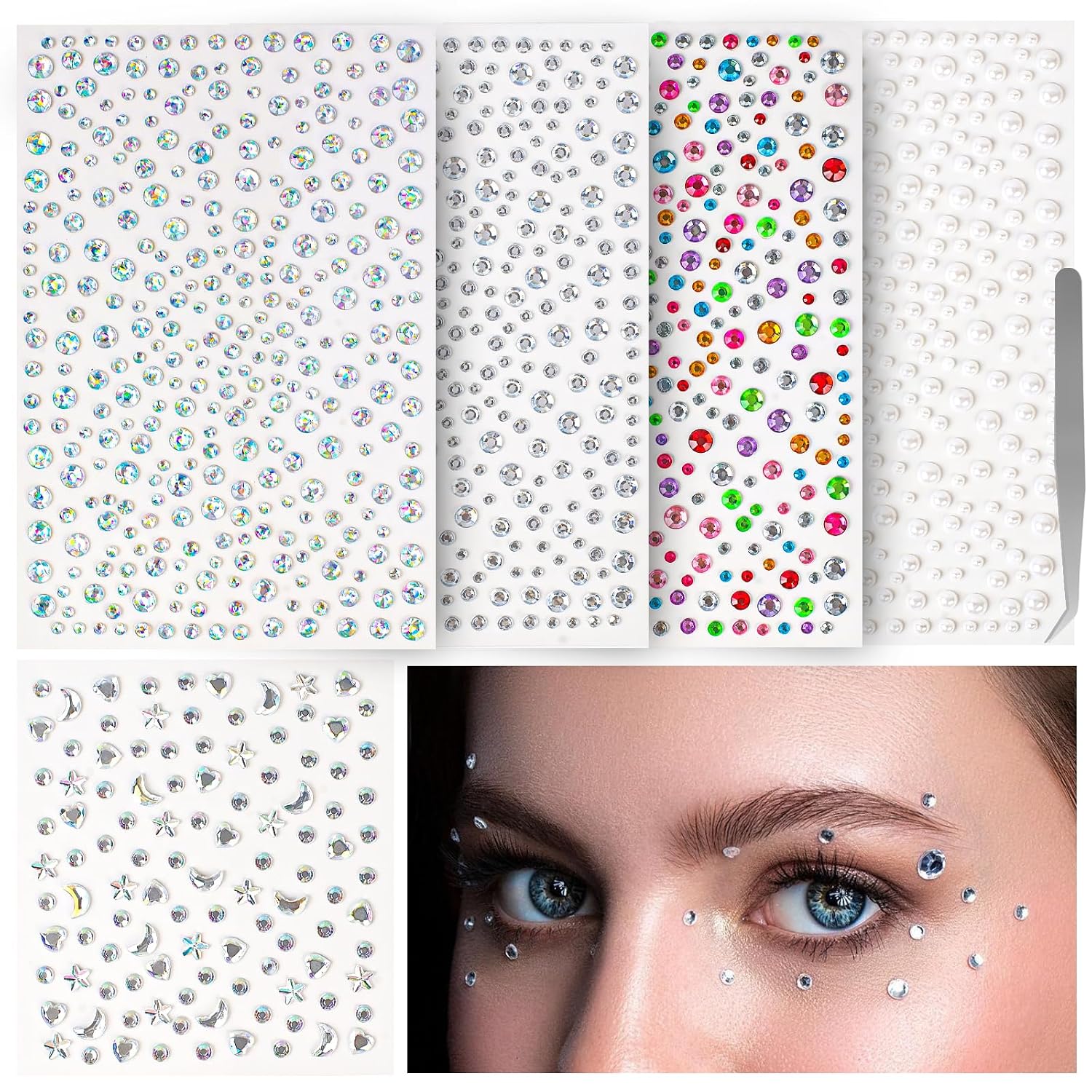 vivinin 1465P Face Gems, Self-Adhesive Hair Gems, 5 Different Types of Face Rhinestones, Face Gems Stick On for Face, Eyes, Body, Hair, Makeup, Festival Decorations, DIY Crafts