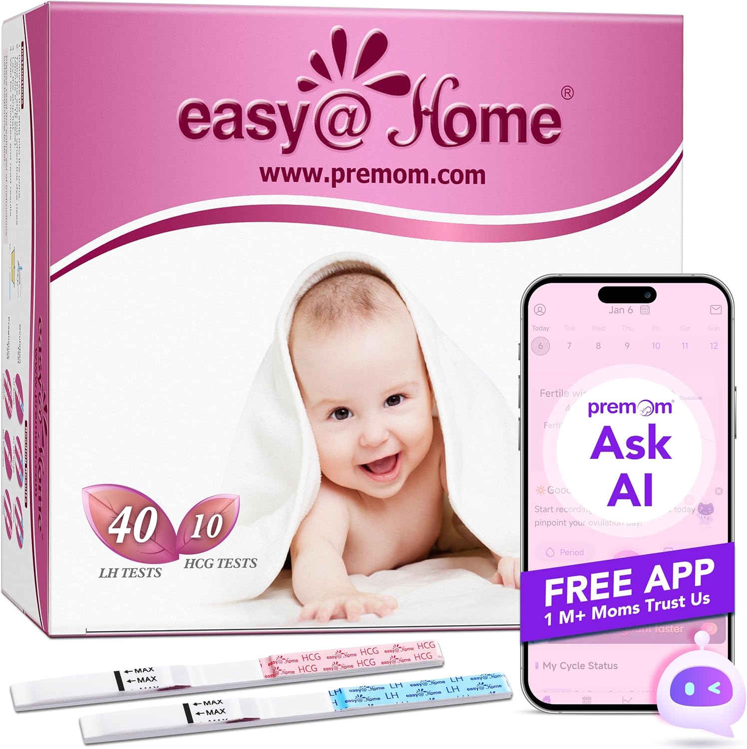 Easy@Home 40 x Ovulation Test Strips and 10 x Pregnancy Test Strips - Fertility Test Kit, Supported by Premom Ovulation Predictor iOS and Android App (40 LH + 10 HCG)