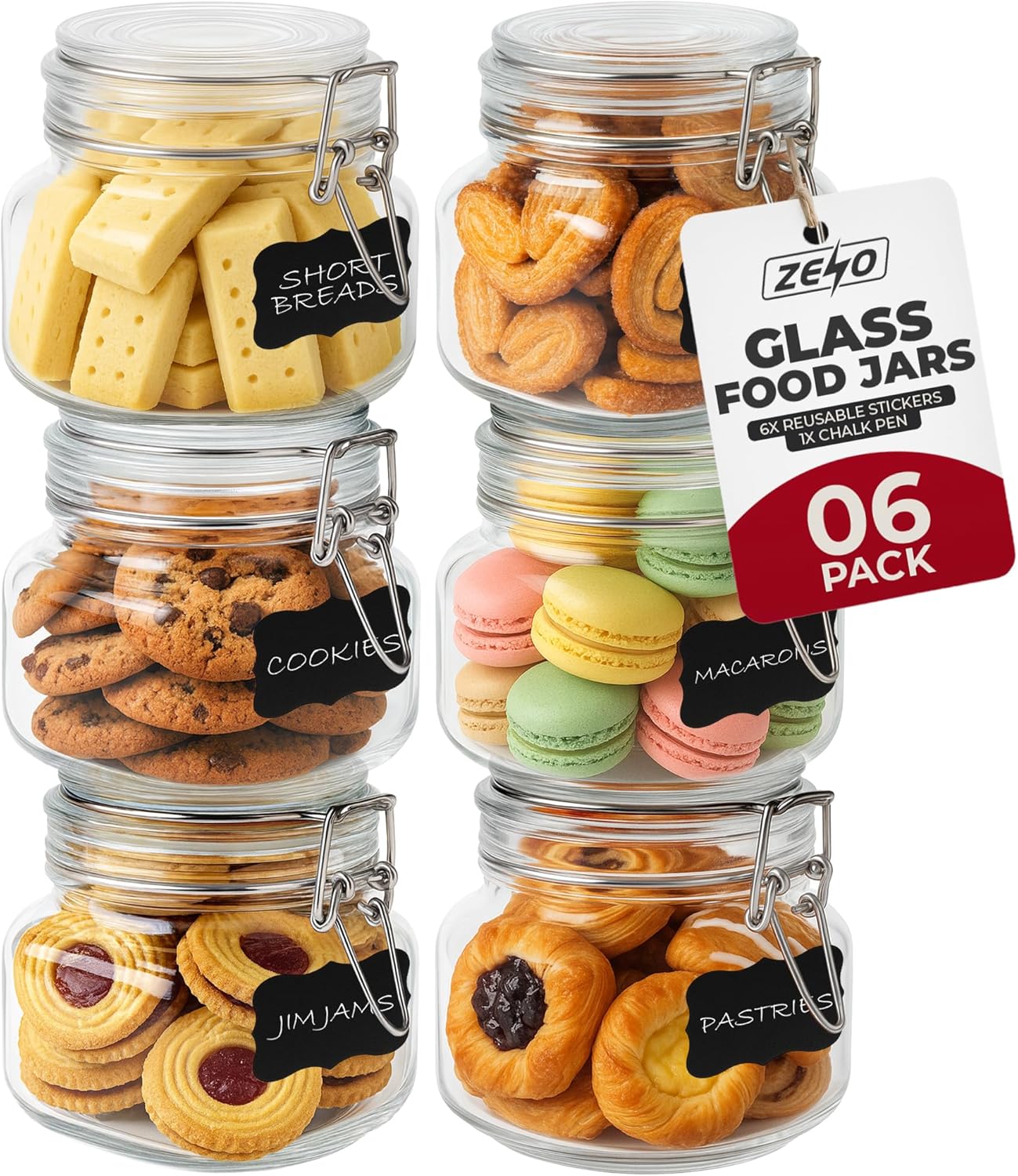 ZENO Clip Top Glass Jars 500ml 6PCS | Airtight Glass Storage | Perfect for Dry Food, Coffee Beans & Tea Bags | Kitchen Preserving & Spice Containers