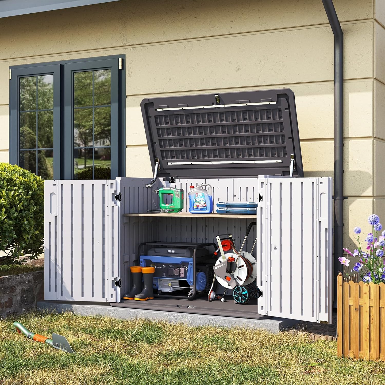 Aoxun Outdoor Storage Cabinet 35 Cu.Ft Outdoor Trash Can Storage Shed,White