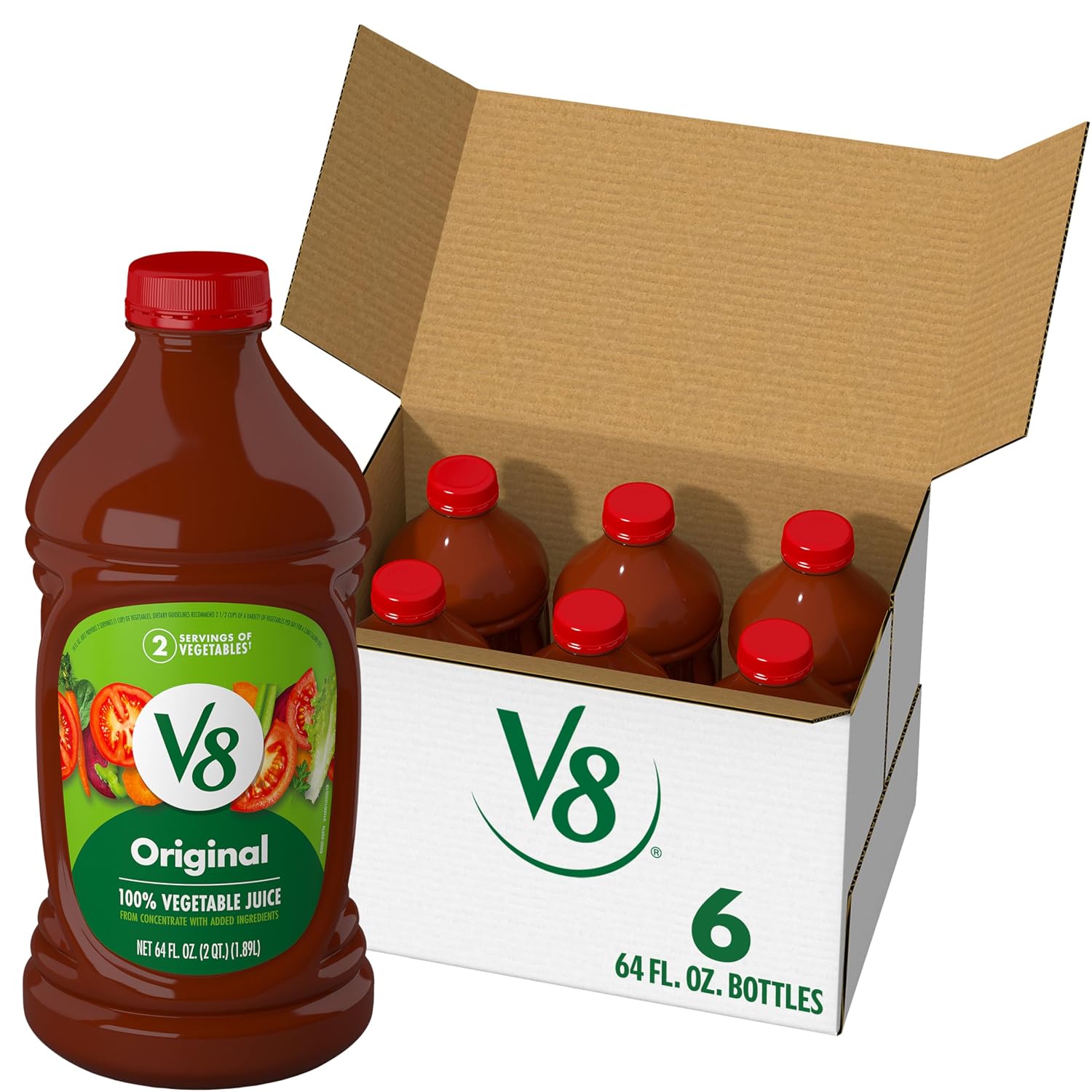V8 Original 100% Vegetable Juice, Vegetable Blend with Tomato Juice, 64 Ounce Bottle (Pack of 6)