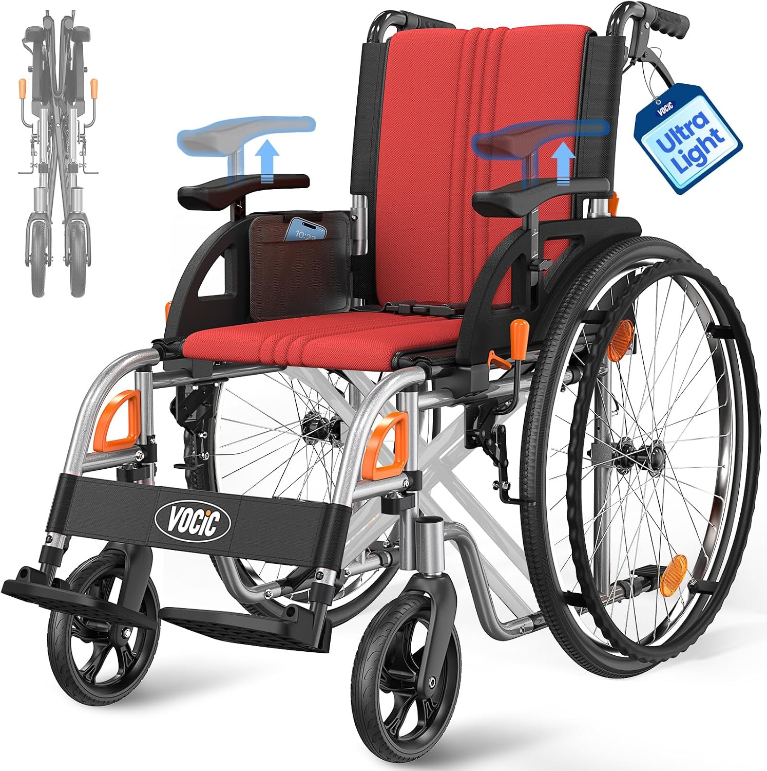VOCIC Ultra Lightweight Foldable Wheelchair for Adults 23lb Frame Portable Self-Propelled Wheelchairs for Seniors with Quick Release Wheels, Swing-Away Footrests,Flip-Back Arm, 300 lbs