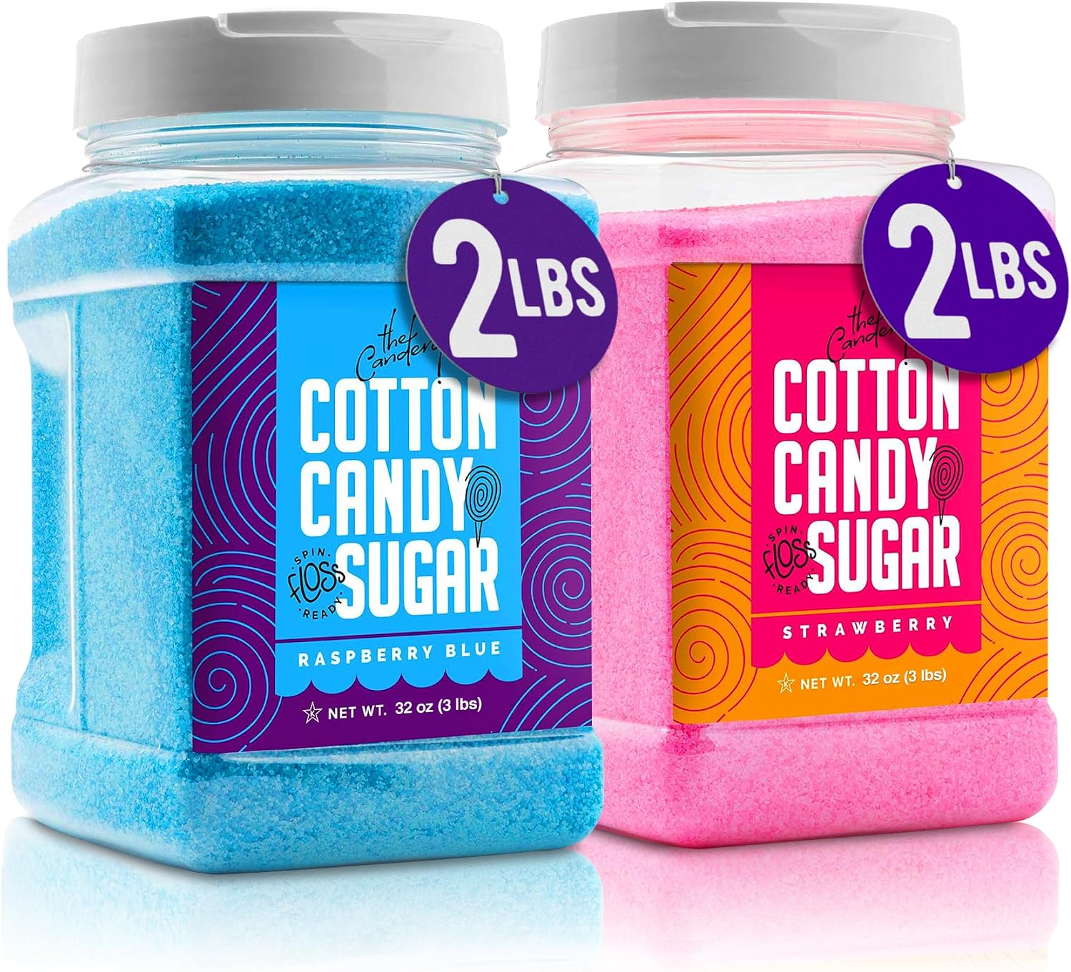 The Candery Cotton Candy Floss Sugar 32oz (2-Pack) Includes | Raspberry Blue and Strawberry | Plastic, Reusable Jars | Easy Pour Spout or Scoop | 2 LBS Jars