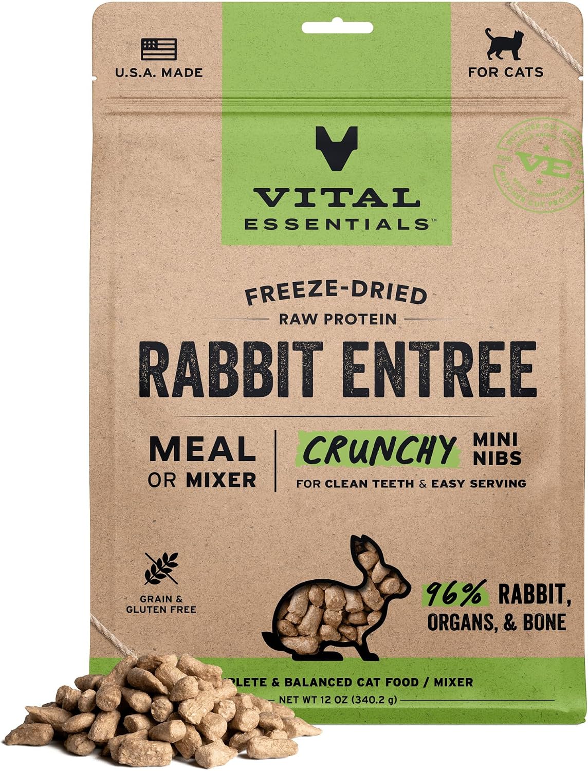 Vital Essentials Freeze Dried Cat Food, Rabbit Mini Nibs, 12 oz Bag | Crunchy, Complete Meal or Topper, Made With 96% Rabbit, Organs & Bone, High Protein Raw Nutrition, Grain-Free Recipe