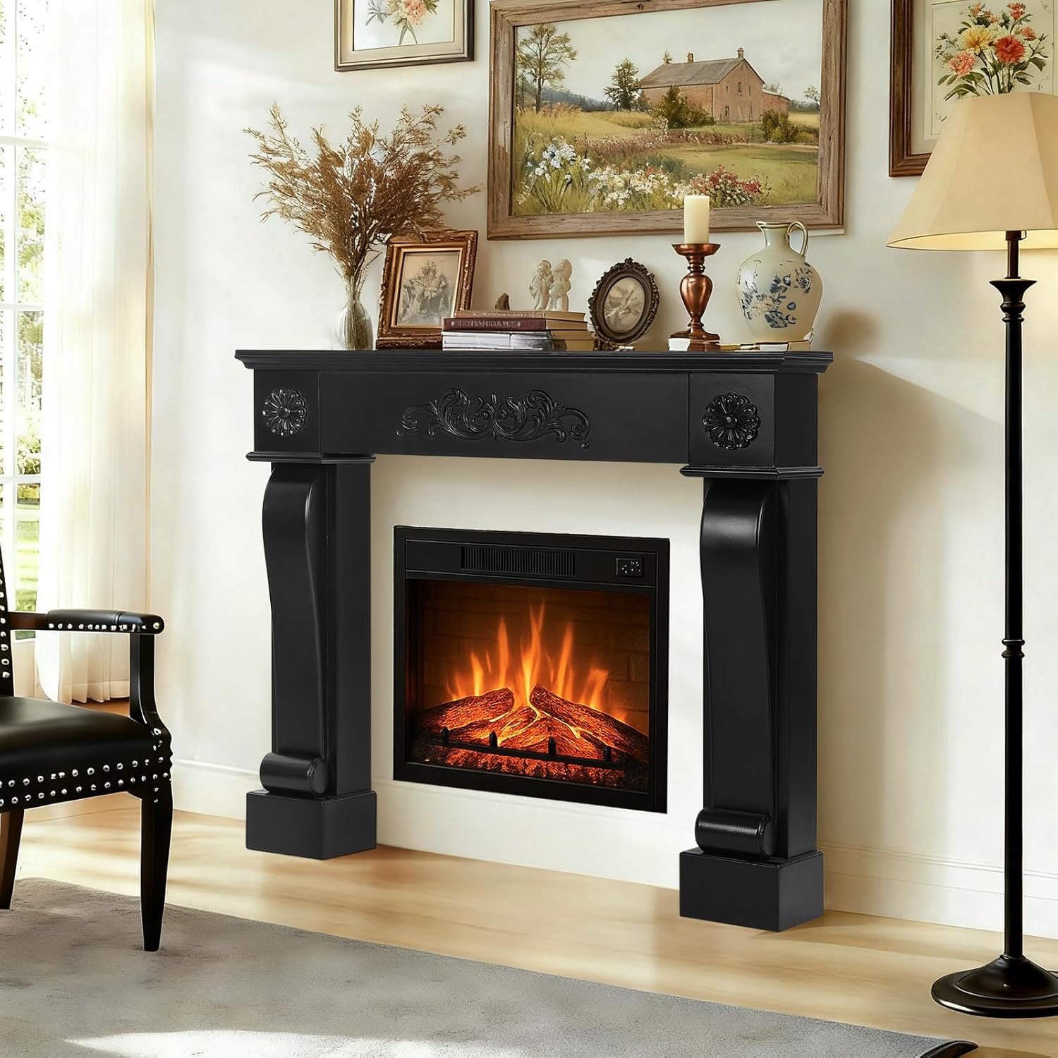 Modern Fireplace Mantel Surround, Decorative Wooden Freestanding Mantel for Electric Fireplace, Waterproof & Anti-Tipping, Premium MDF Mantel with Leg for Living Room, Black