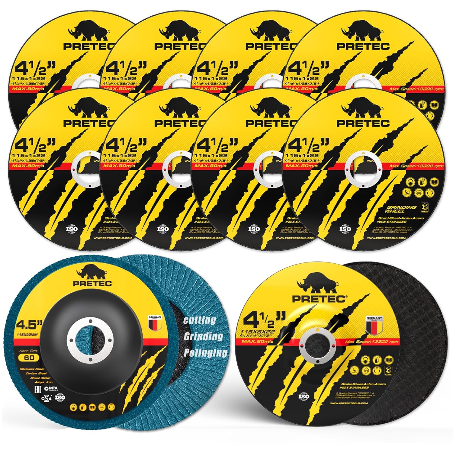 Grinding & Cutting Wheels 4 1/2 inch Set,Angle Grinder Wheel Set,Cut Off Wheels 8 PCS,Grinding Wheel,4.5” Flap Discs for Angle Grinder for Cutting Grinding 8+1+1 PC