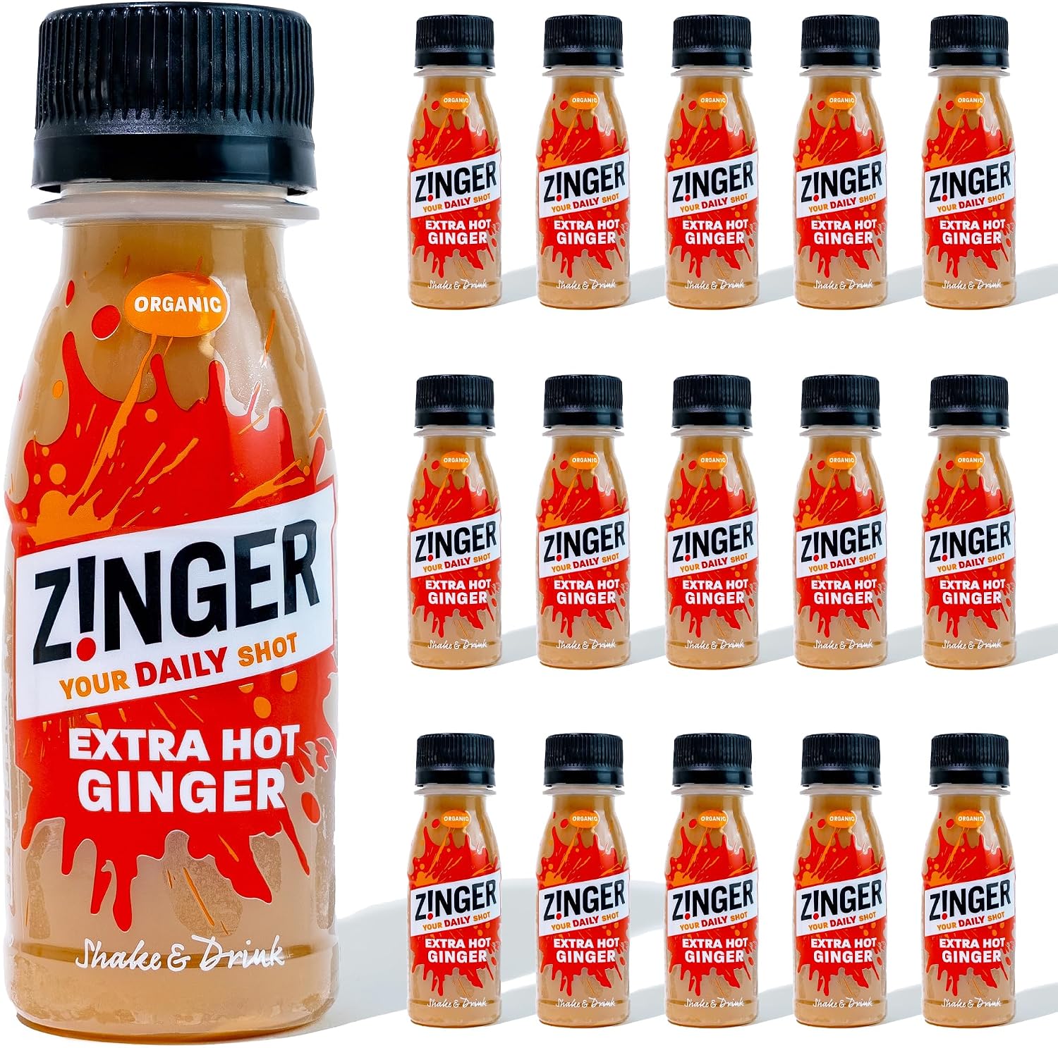Zinger Extra Hot Ginger Shots, Organic and No Added Sugar - 15 x 70ml