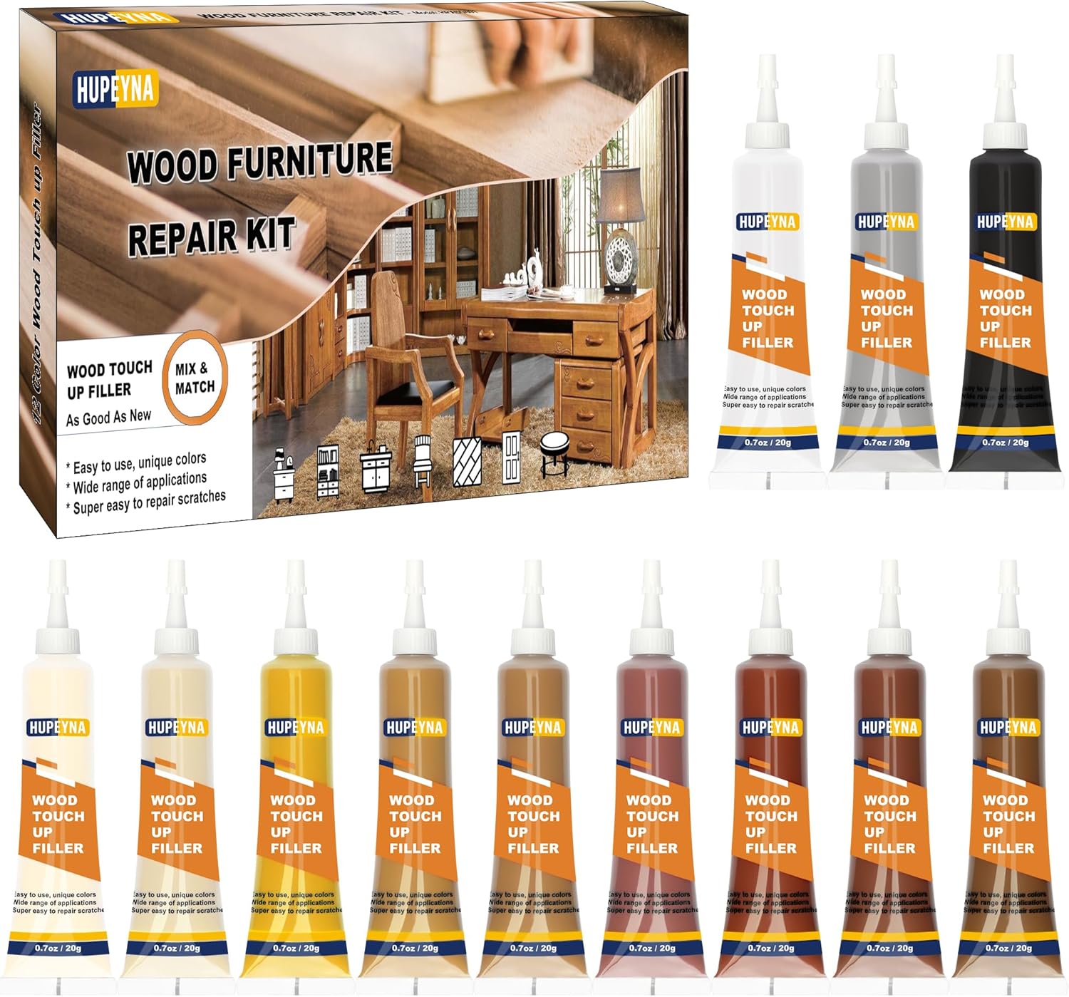 Wood Furniture Repair Kit, 12 Colours Wood Repair Kit, Wood Touch up Fillers, Repair Scratch, Cracks, Discoloration for Wooden Cabinet, Floor, Door, Table Surfaces Wood Filler Paint