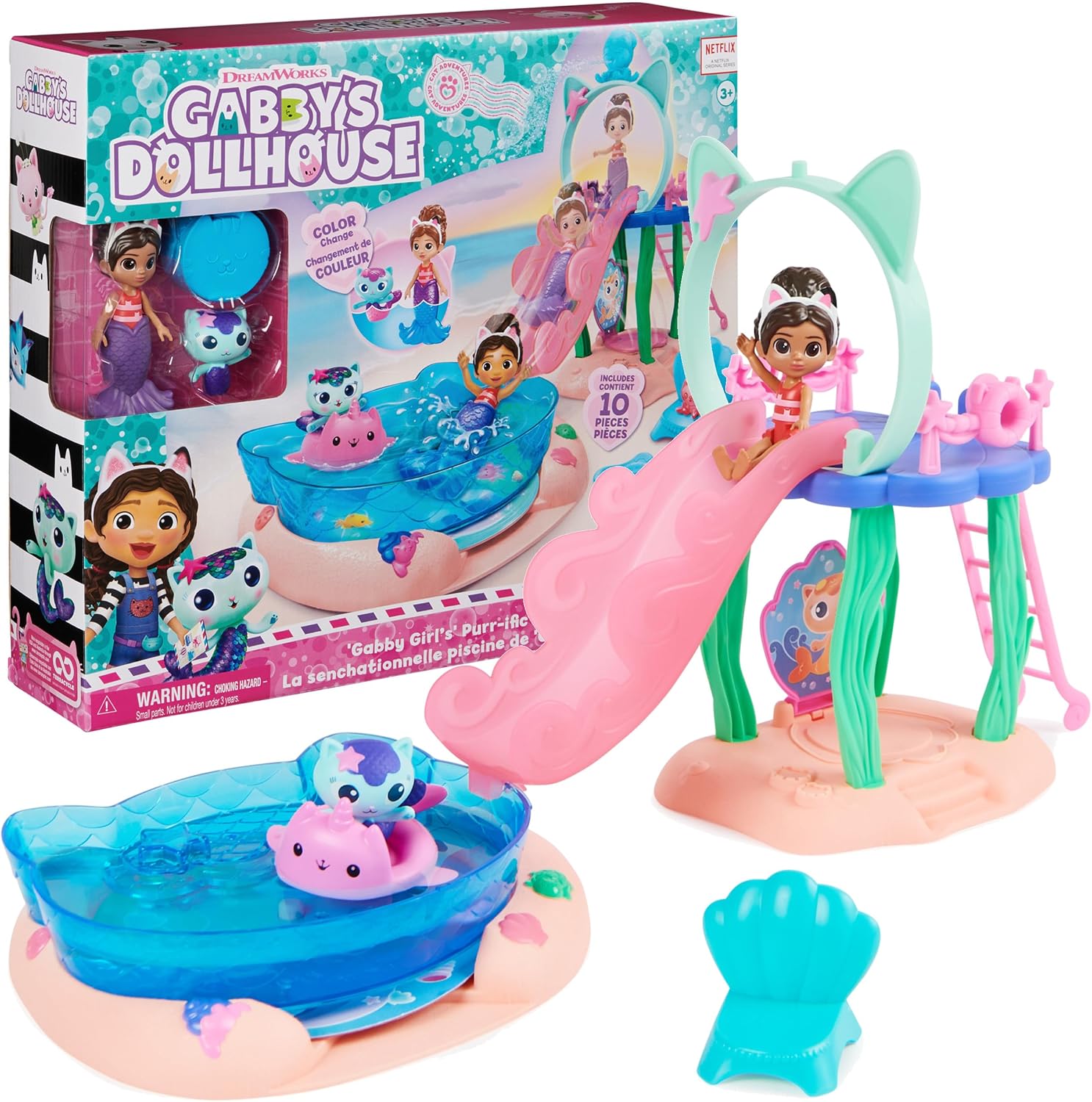 Gabby’s Dollhouse, Purr-ific Pool Playset with Gabby and MerCat Figures, Color-Changing Mermaid Tails and Pool Accessories Kids Toys for Ages 3 and Up