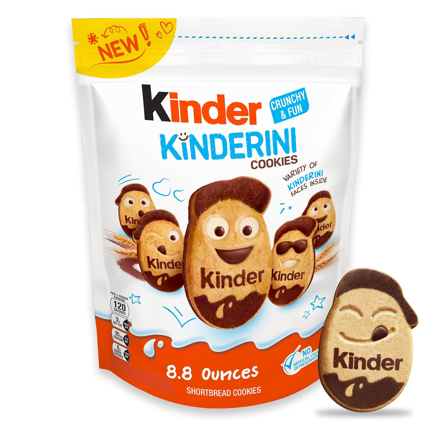 Kinder Kinderini Shortbread Cookies, Crunchy Biscuits Snack with Fun Expressions, Resealable Bag, 8.8 oz