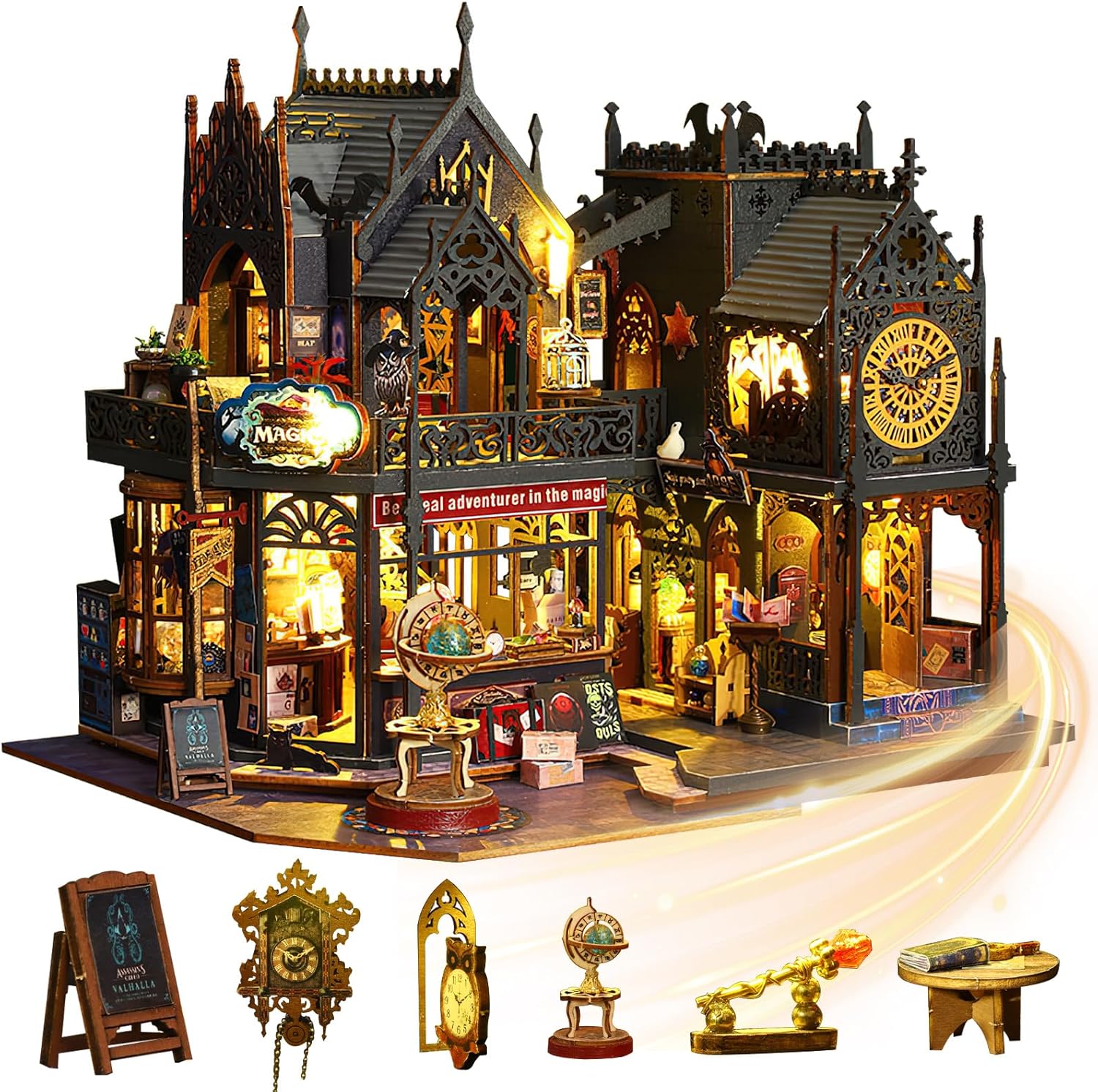 Mostop DIY Miniature Dollhouse Kit, Wooden Dollhouse Kit Miniature House Kit with LED Light,Creative Room Idea for Kids/Adults Magic House DIY Kits (Holo Magic City)
