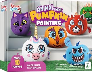 Klever Kits Halloween Pumpkin Decorating Kit, Halloween Party Supplies Arts Crafts, Party Favor for Kids, DIY Pumpkin Painting Kit with 10 Animal Designs, Coloring Craft Games Classroom Activities