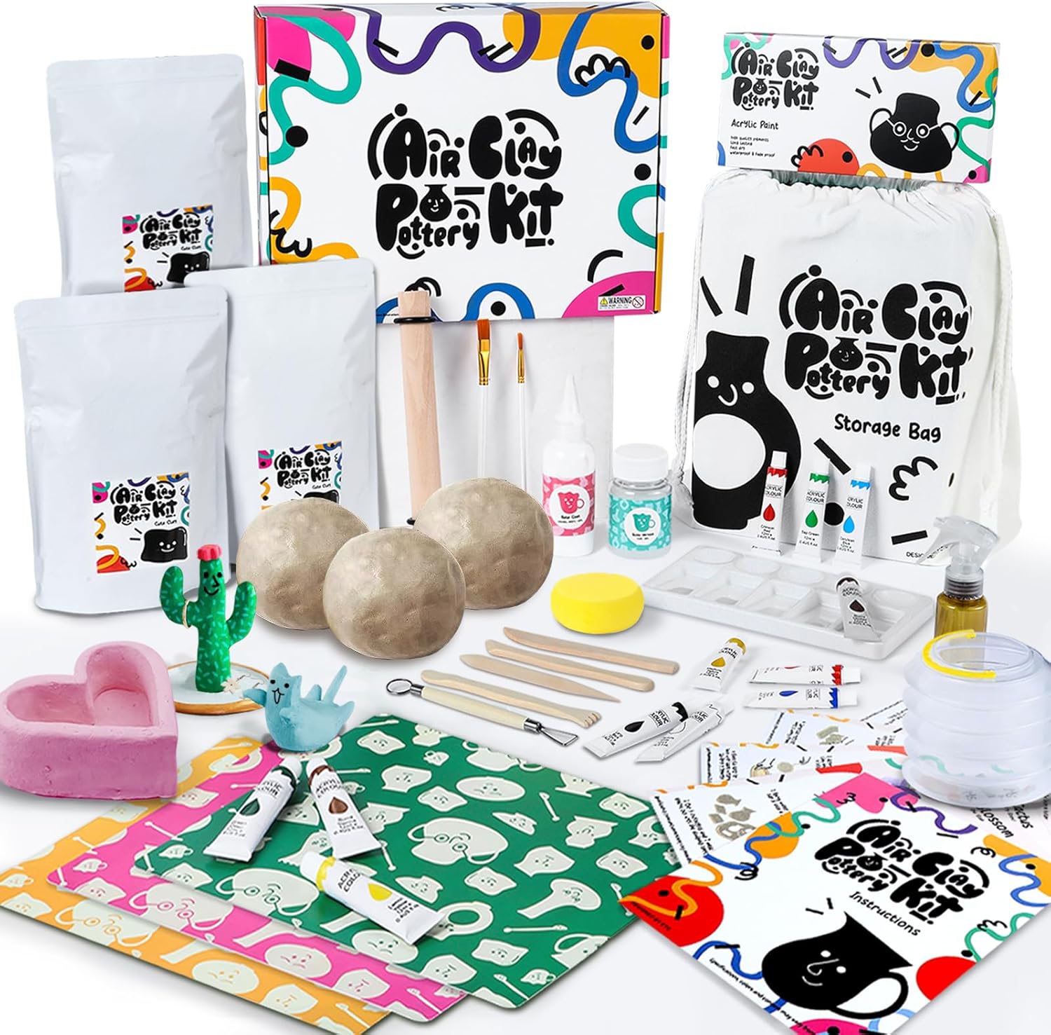 FosterToys™ Air Dry Clay Pottery Kit for Beginners | DIY Clay Kit for Adults, Sculpting Tools Set & Step-by-Step Guide, 12 Paints, Paintbrush, Varnish, Sponge, Kids Teen Party Birthday Holiday Gift