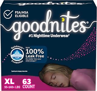 Goodnites Girls' Nighttime Bedwetting Underwear, Size Extra Large (95-140+ lbs), 63 Ct (3 Packs of 21), Packaging May Vary