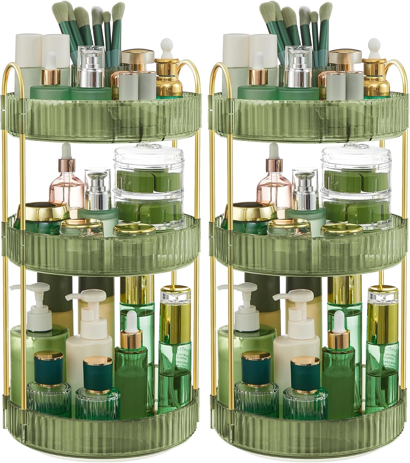 SONGMICS Makeup Organiser Rotating, 3-Tier Round Skincare Organiser, Customisable, Toiletries Cosmetics Organiser, Gift, Pale Green JKA011C01 (Pack of 2)
