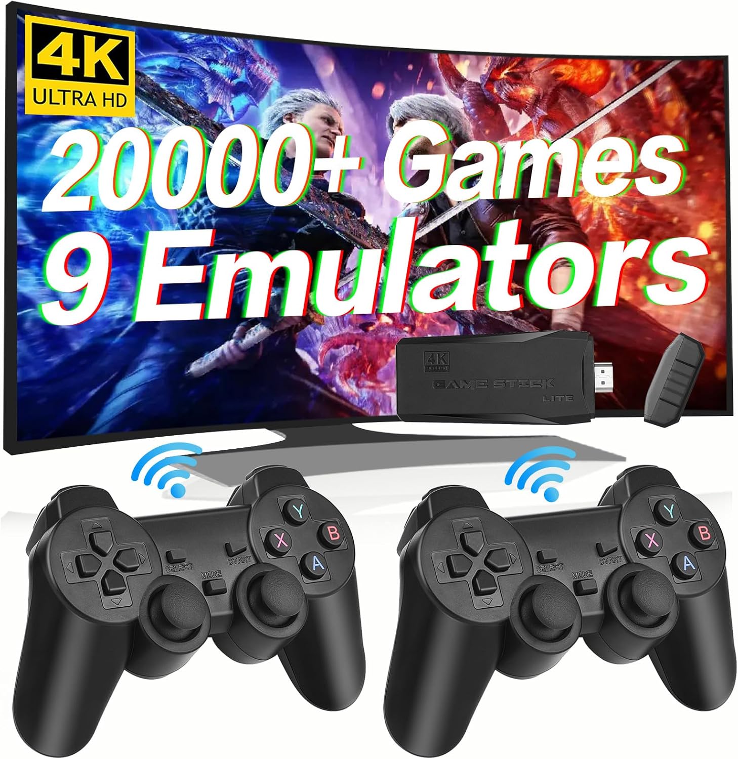 Wireless Retro Game Console, Plug & Play Video TV Game Stick with 20000+ Games Built-in, 9 Emulators, 4K HDMI Nostalgia Stick Game for TV, Dual 2.4G Wireless Controllers, 64G