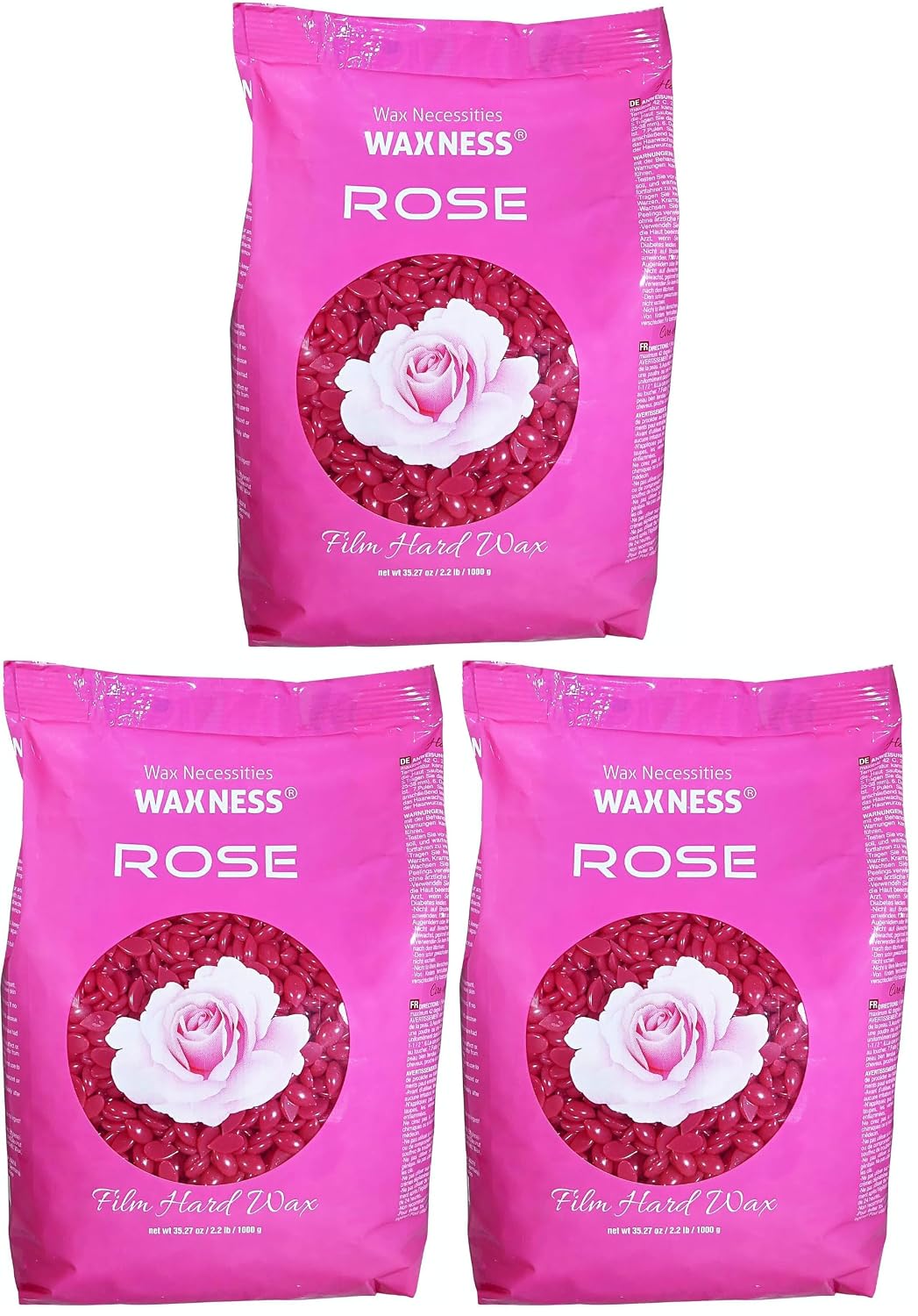 Waxness Film Hard Wax Beads Rose 2.2 lb (1 kg) – Stripless Professional Hard Wax with Rose Scent for Face & Body, Smooth Application – Made in Italy (Pack of 3)