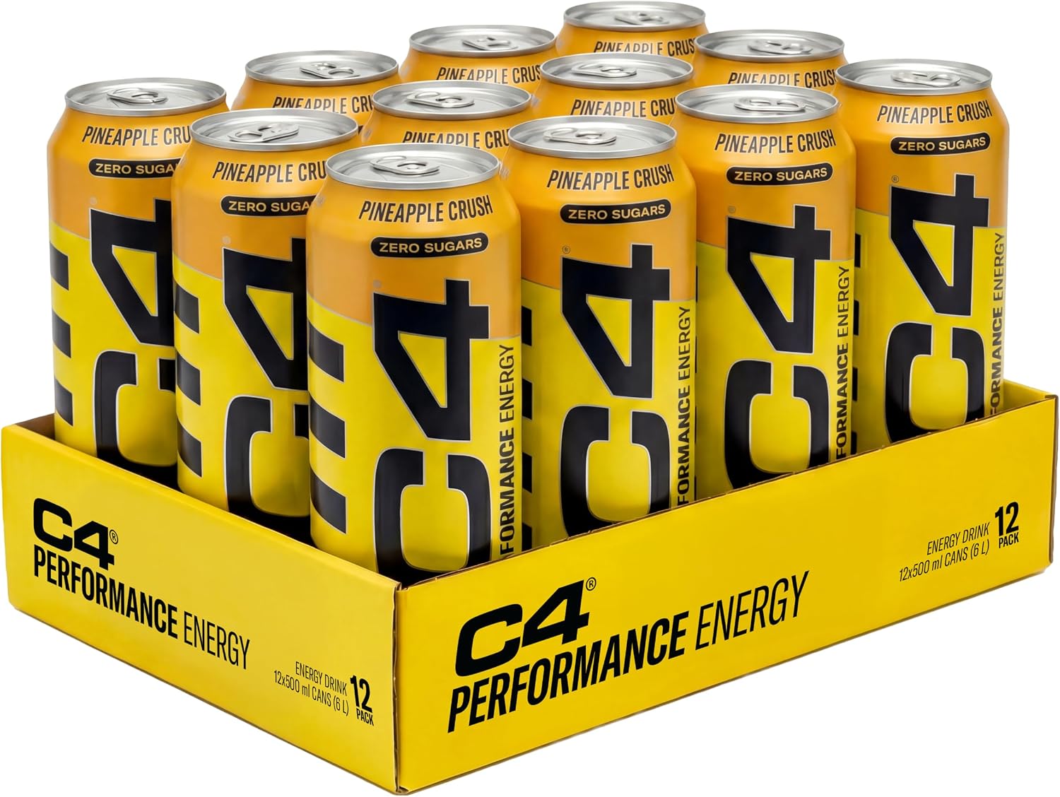 C4 Performance Energy Drinks Pineapple Head 500ml (12 pack) | Sugar Free Energy Drink with 160mg Caffeine, 250mg Betaine, 1050mg Taurine | Low Calorie Fizzy Drinks for On the Go Energy and Focus