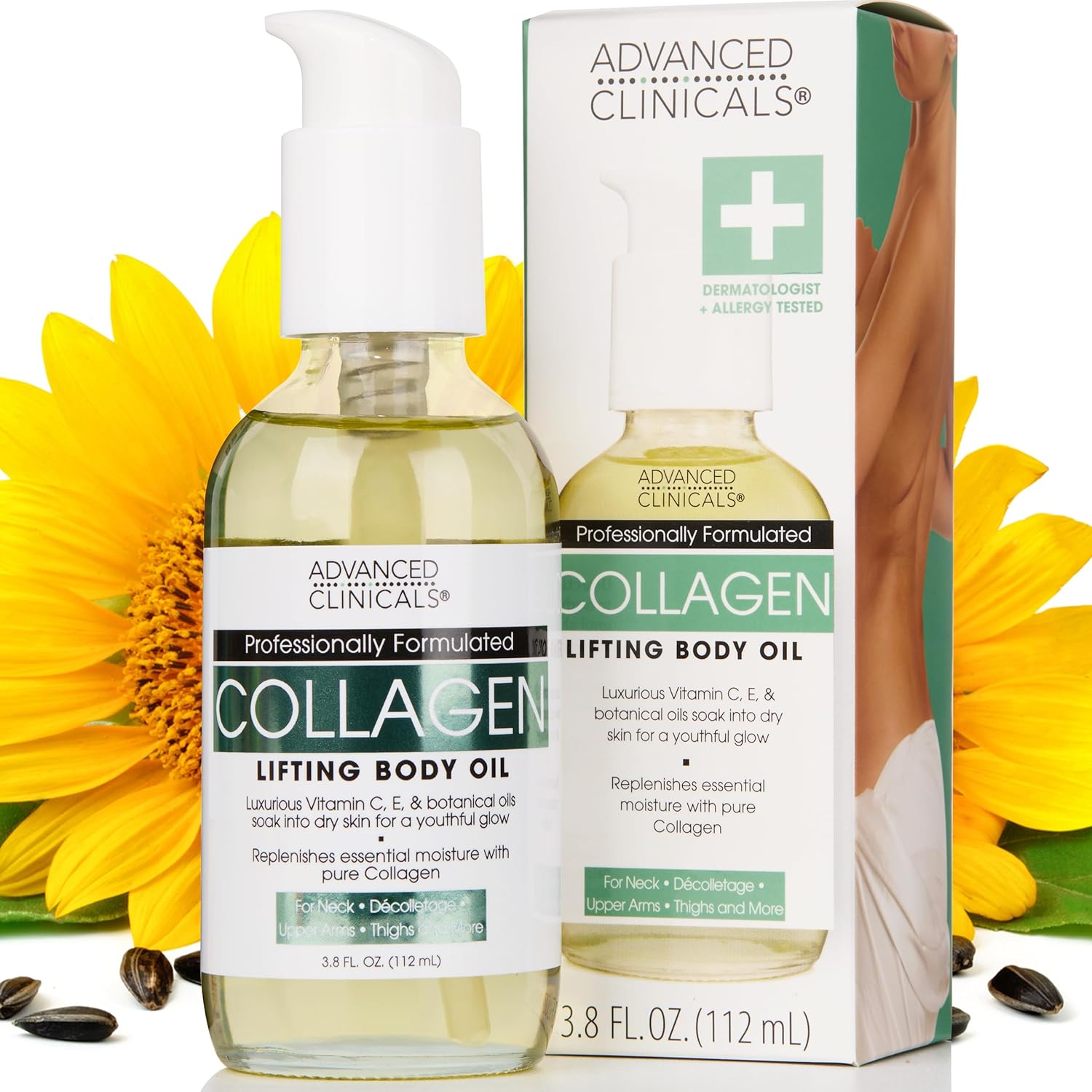 Advanced Clinicals Collagen Lifting Body Oil with Vitamin C, Vitamin E fo neck, decollete, upper arms, thighs 3.8 fl.oz. (112ml)