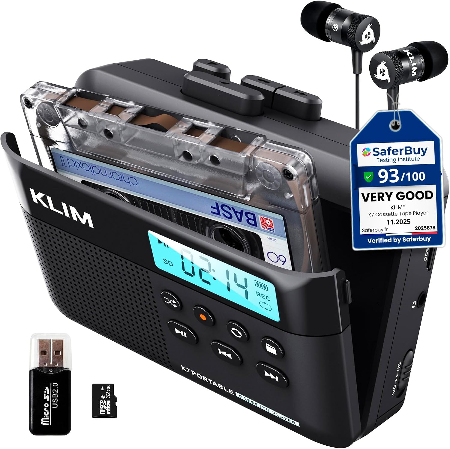 K7 Cassette Player, Converts Tapes to Digital, Built-in Mic, 32GB SD Card