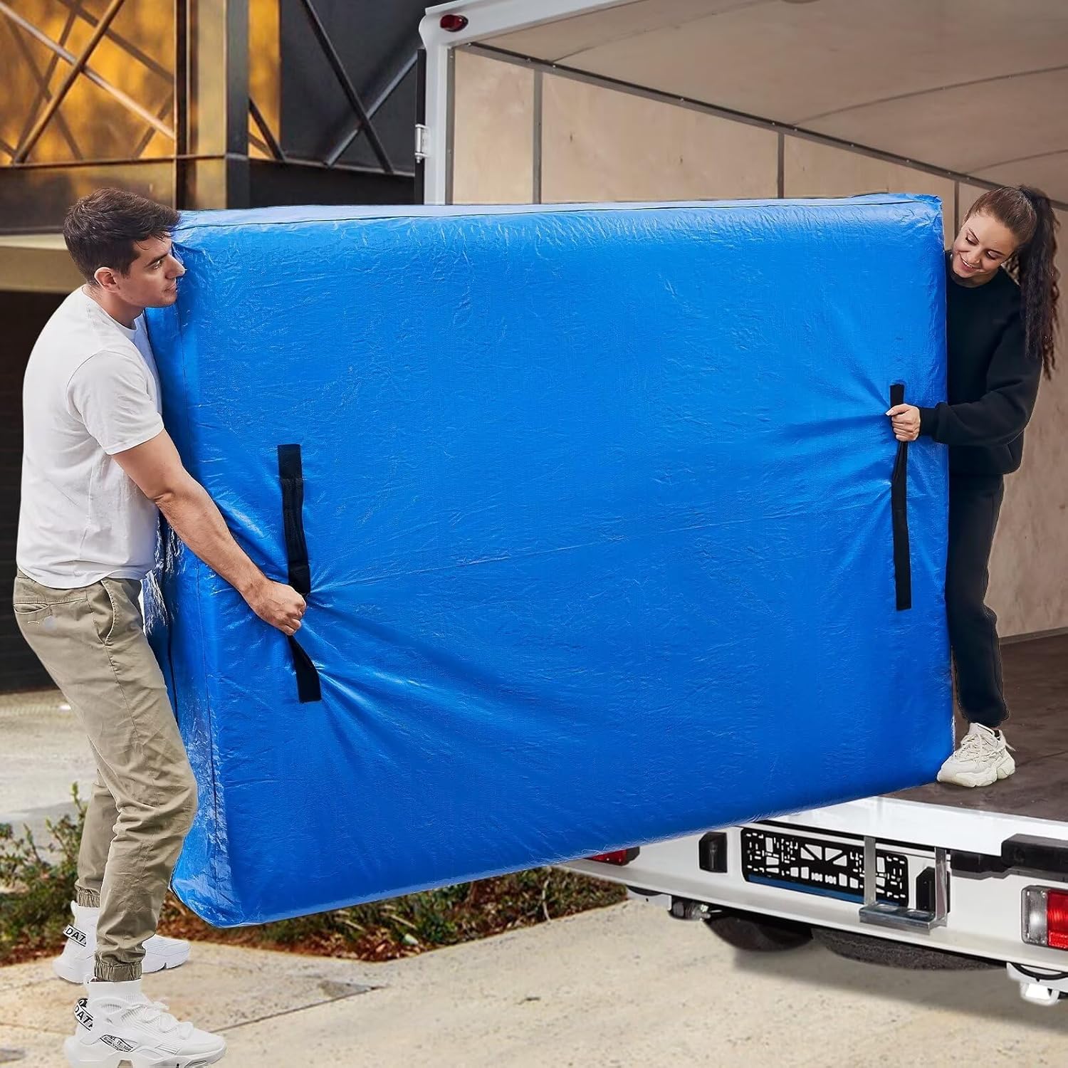 BETU Mattress Bags for Moving, Mattress Protector Waterproof Mattress Cover King Size Storage Bags with 8 Heavy-Duty Handles and Zipper for Bed Extra Thick Large Reusable (82"x79"x15" Blue)