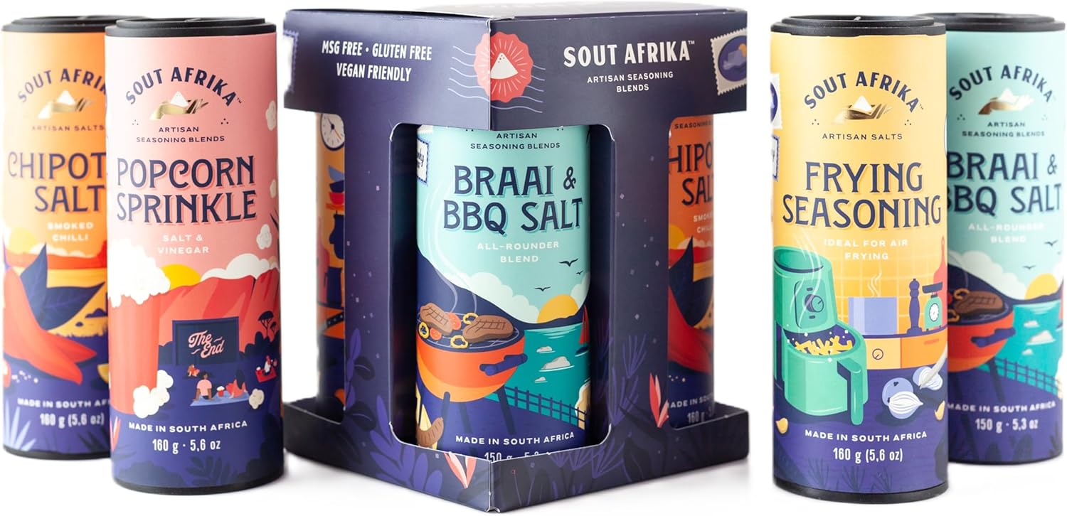 Sout Afrika All Purpose Seasoning Gift Set – 4 Flavours: Braai BBQ Rub, Chipotle, Popcorn, Frying Salt – Mixed Herbs & Spices for Cooking, Chicken, Steak & Home Essential