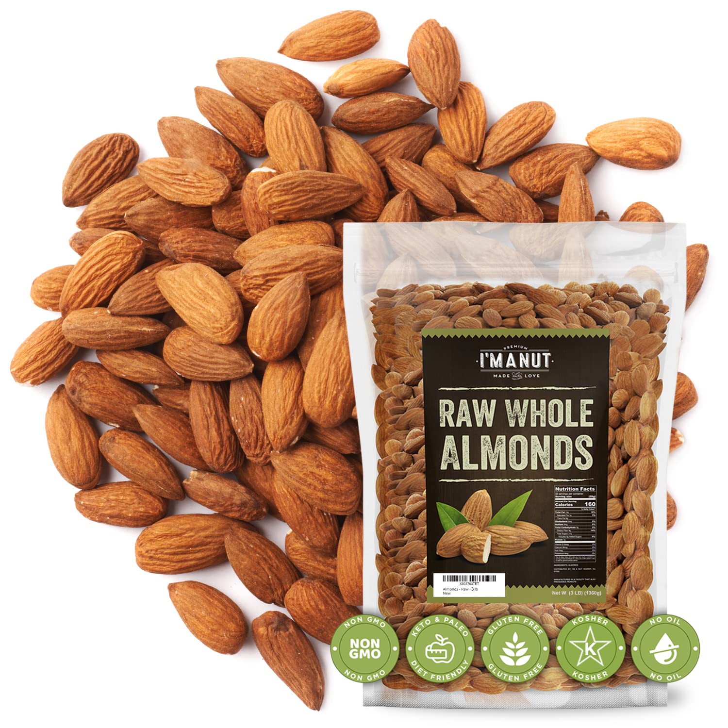 Raw Almond 48 oz (3 lb) Natural Whole Batch Tested Gluten & Peanut Free | No PPO | Non-GMO | No Herbicide | Healthy Protein boost | Premium Quality | Try the difference.