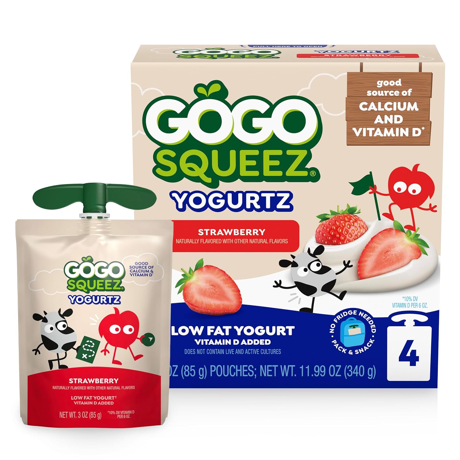 GoGo squeeZ Low Fat YogurtZ Strawberry, 3 oz Pouches, 4 Count