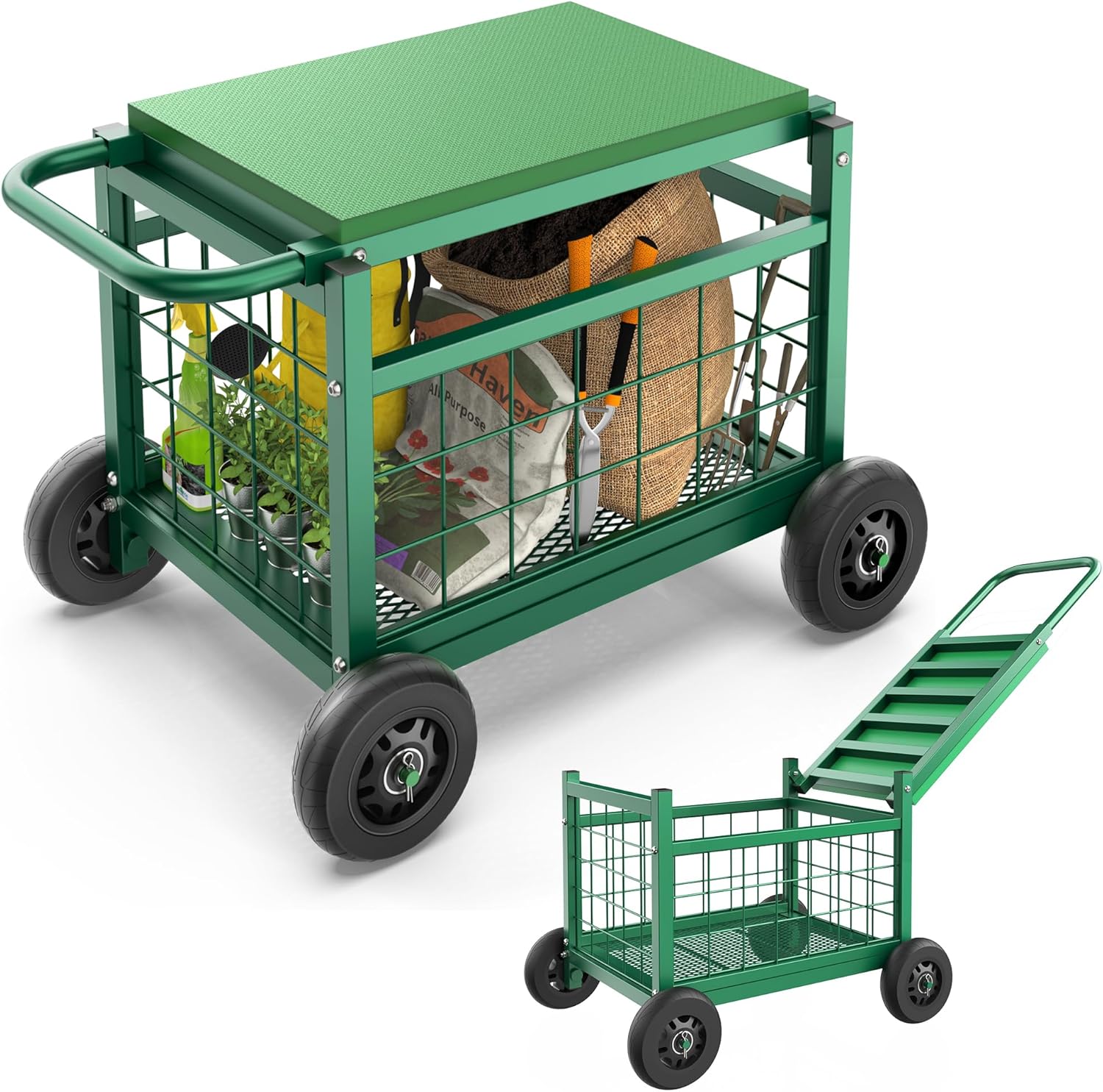 FLINTER Rolling Garden Work Seat with Wheels, Upgraded Heavy Duty Gardenning Cart with Seat - Garden Rolling Stools w/Wheels for Seniors