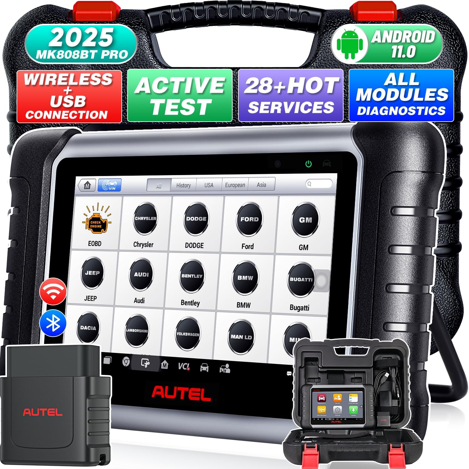 Autel MaxiCOM MK808BT PRO Diagnostic Tool: 2025 Bidirectional Scanner Work as MK900BT, 33FT BT Up of MK900 MK808S MX900 MX808S, 3K+ Active Tests, 28+ Services, OE All Sys, OS11, Support BT506 MV108S
