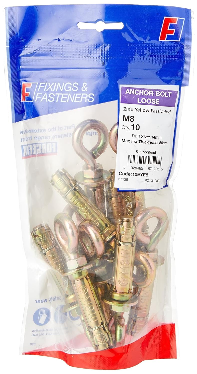 Masonry Anchors - Eye Bolts | M8 | Zinc Yellow Passivated | Bag 10
