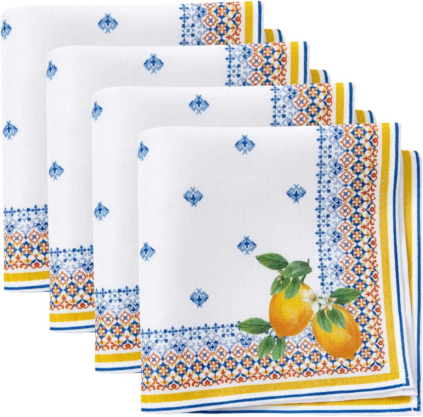 Elrene Home Fashions Capri Lemon Double-Bordered Mediterranean Spring/Summer Cloth Napkins, 17 Inches by 17 Inches, Set of 4